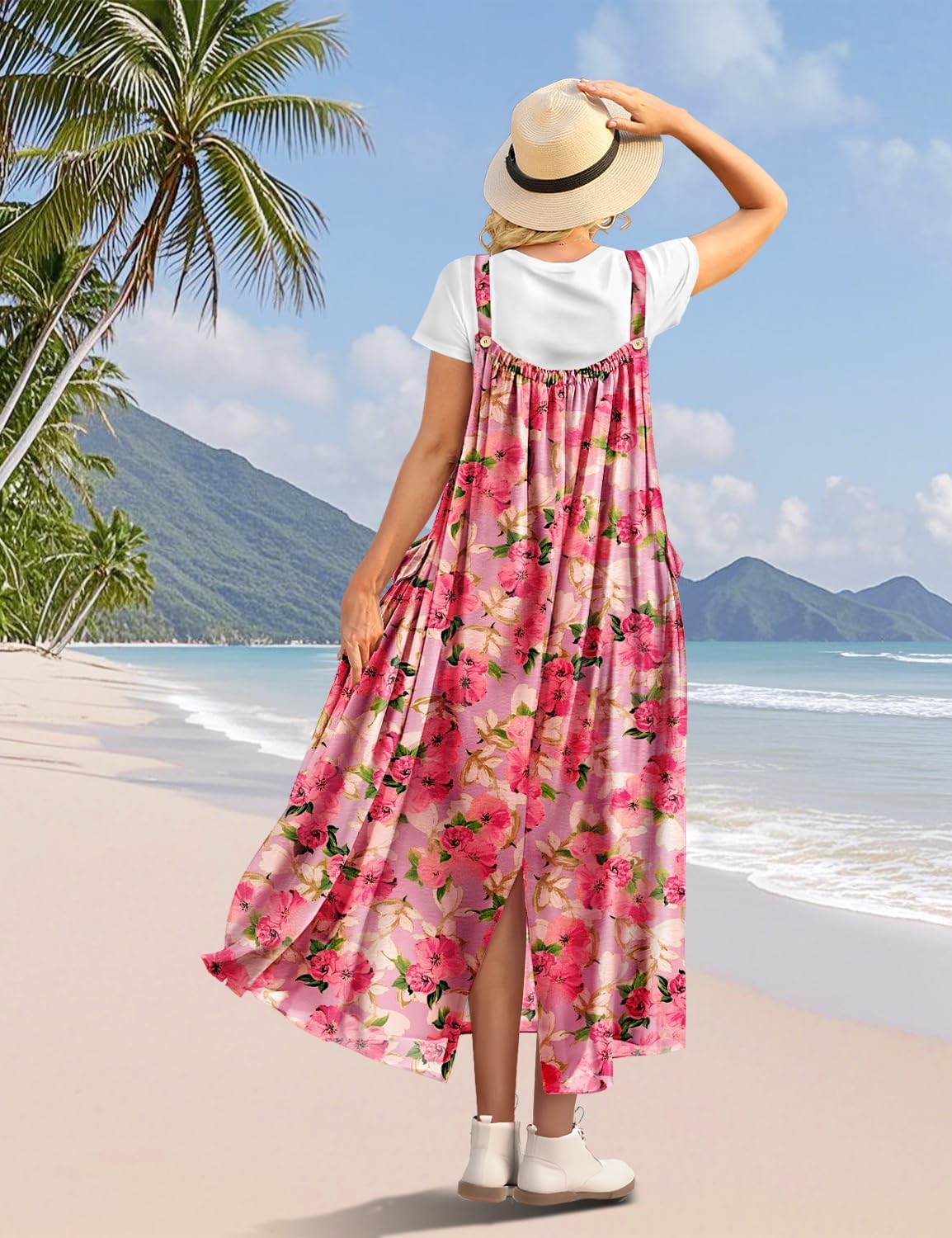 YESNO Casual Maxi Overalls Dress for Women 2026 Boho Floral Outfits Back Slit Jumper Dresses with Adjustable Straps EP6 - Image 2