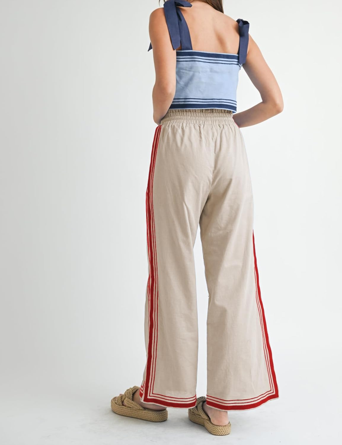 Womens Casual Wide Leg Side Striped Pant Drawstring Elastic Waist Lounge Palazzo Pants with Pockets - Image 3