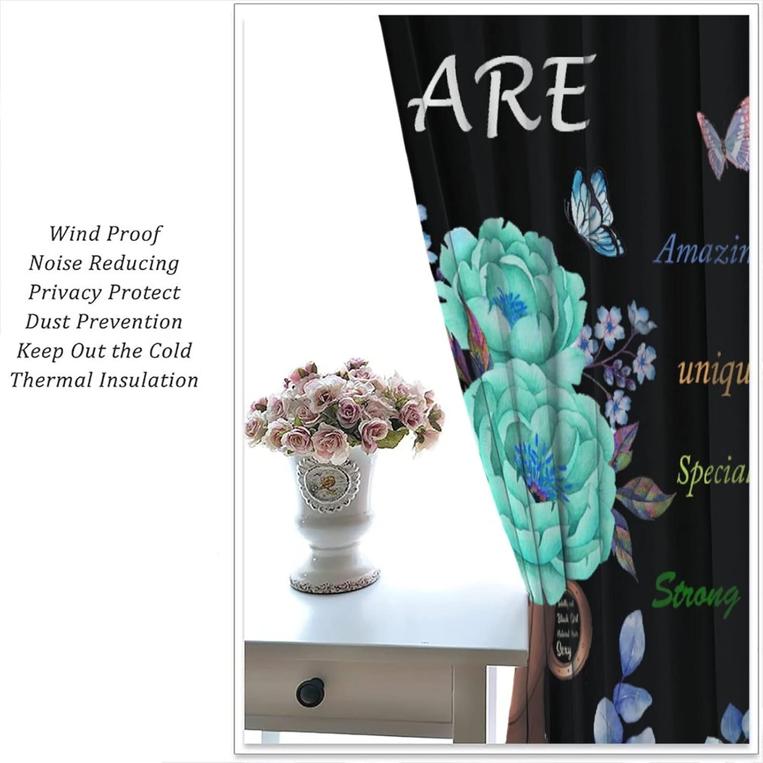 Black Girl Window Curtains, African American Women Purple Flower Butterfly Motivational Quote Afro Lady Blackout Windows Treatments Drapes for Bedroom Living Room 42x45in