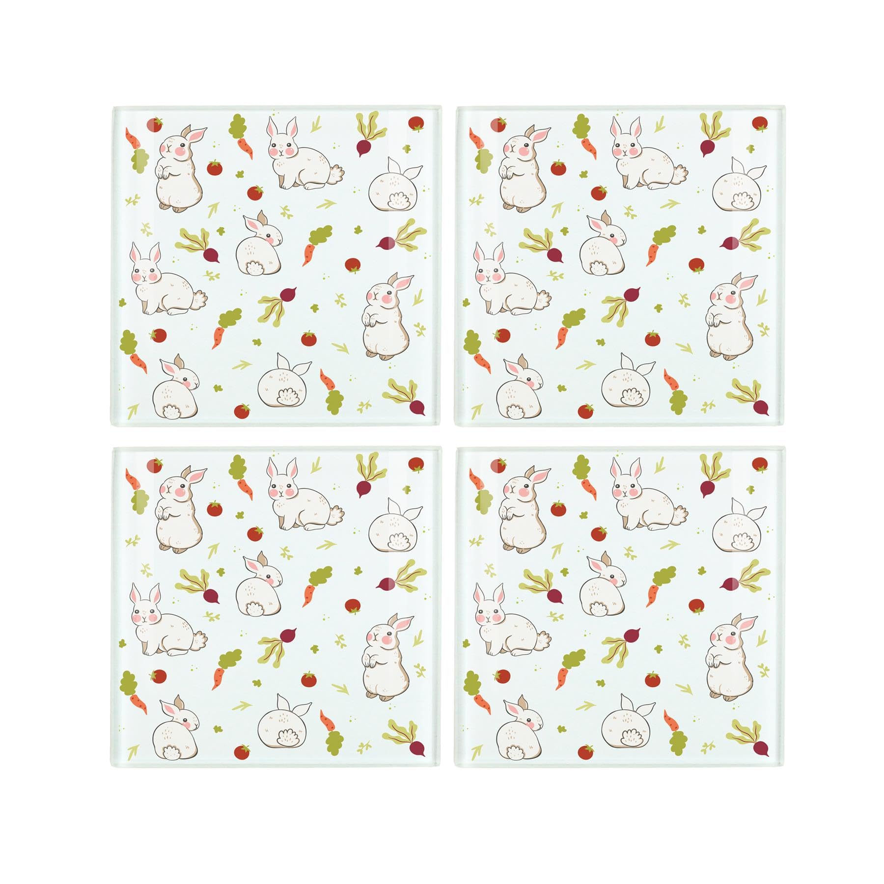 Bunny Rabbit Coaster Set - Vegetable Patch Allotment Rabbit Gift - Square Glass Set of Four (4) Coasters