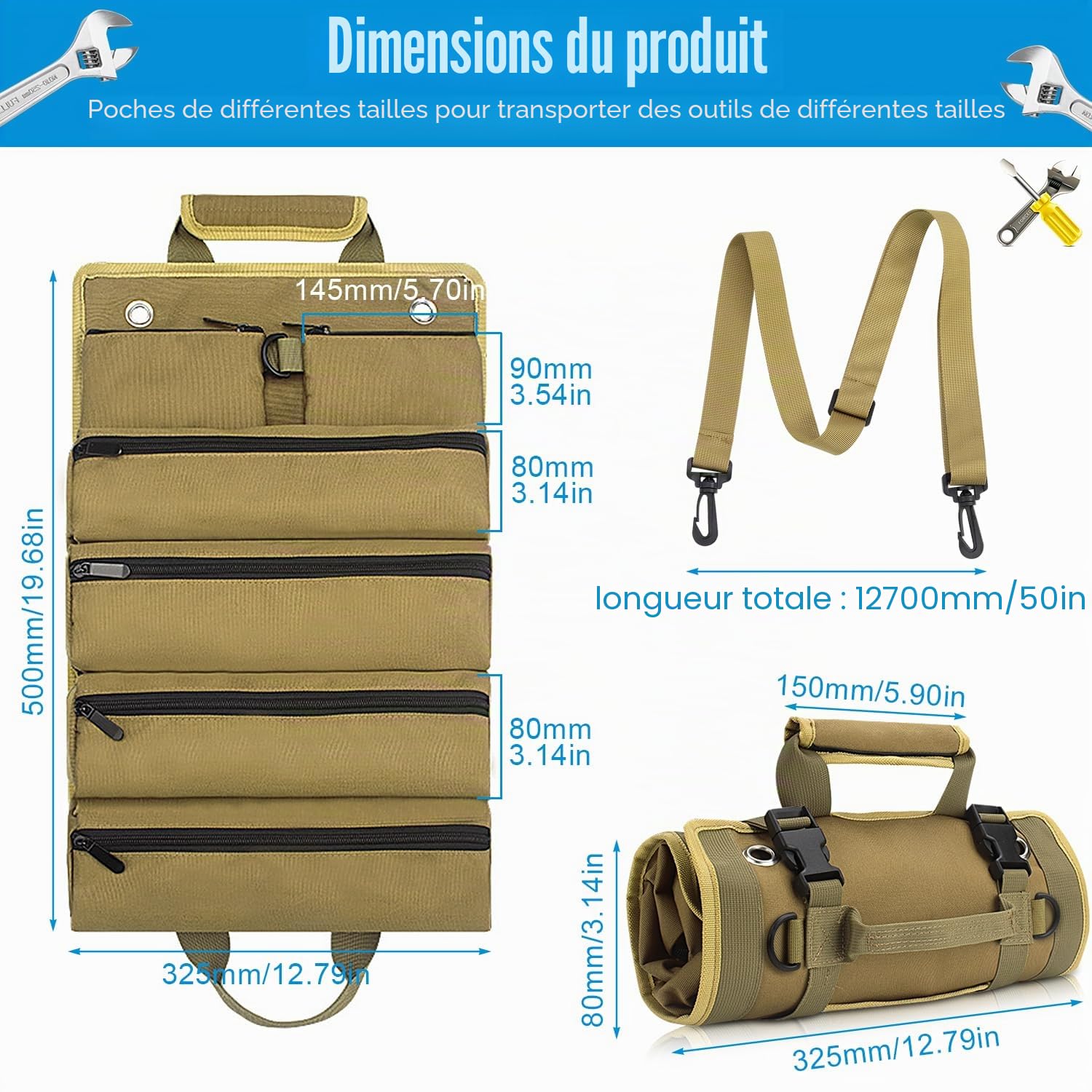 Sac à Outils Enroulable Trousse a Outils Sacs Porte-Outils Moto avec 5 Poches à Fermeture Éclair pour Ménage Charpenterie Électricien Voitures
