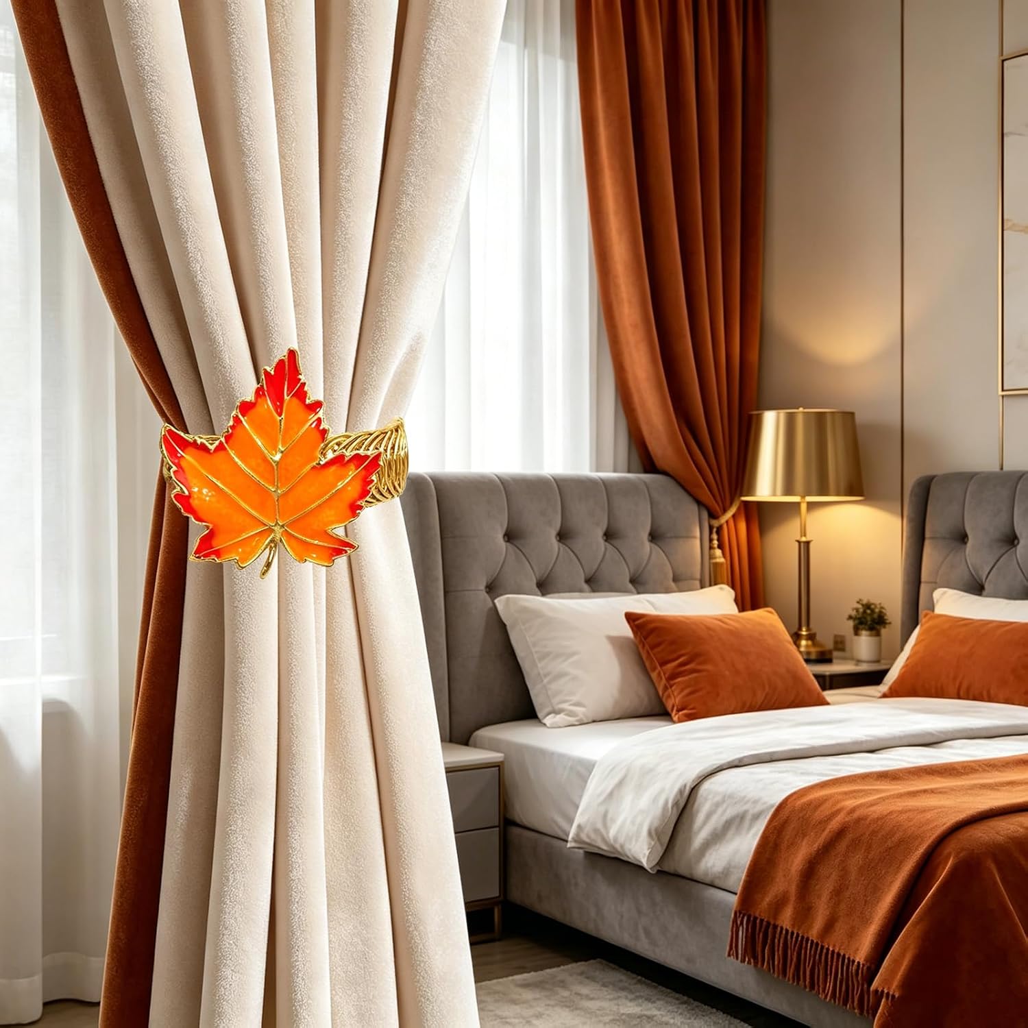 Thanksgiving Maple Leaf Curtain Tiebacks 2 Pack No Drill Adjustable Metal Fall Curtain Holdbacks for Office Farmhouse Window Decor,Leaf Arm Cuff & Wristband for Harvest Party Dressing