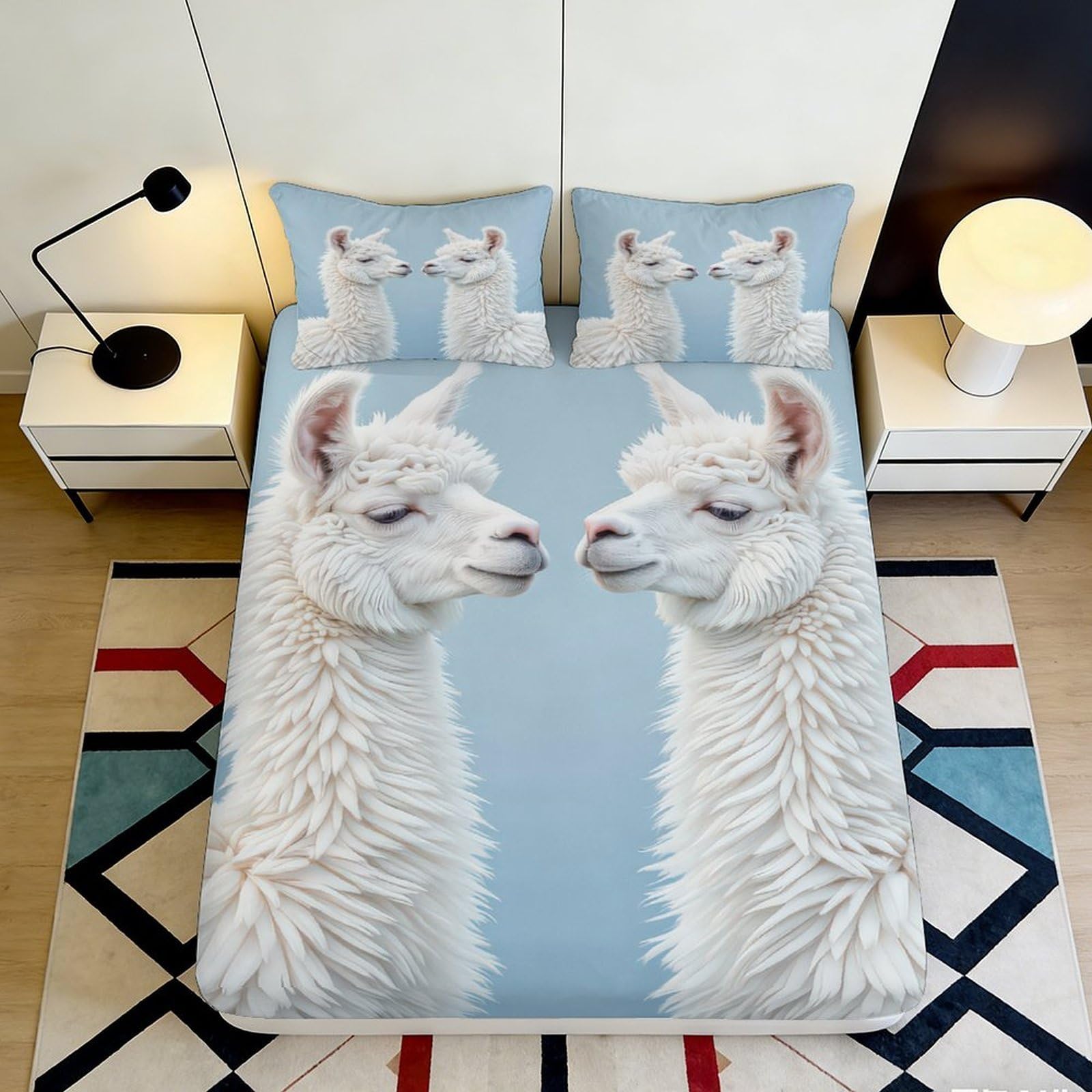 3D Printed Alpaca Design Fitted Sheet Microfiber Deep Pocket Non-Slip Bedroom Bedding Alpaca Mattress Fitted Cover Washable 180x200x25cm