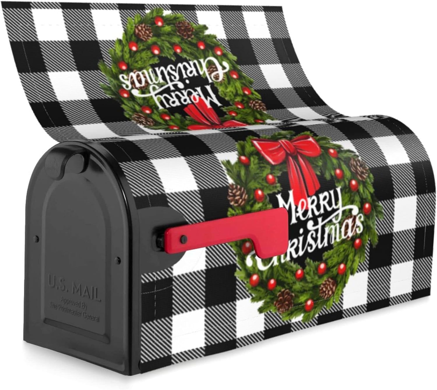 Merry Christmas Mailbox Covers Magnetic Christmas Outdoor Decorations Welcome Mailbox Wraps Buffalo Plaid Holly Wreath Post Letter Box Cover Garden Decor Standard Size 18" X 21" image 4