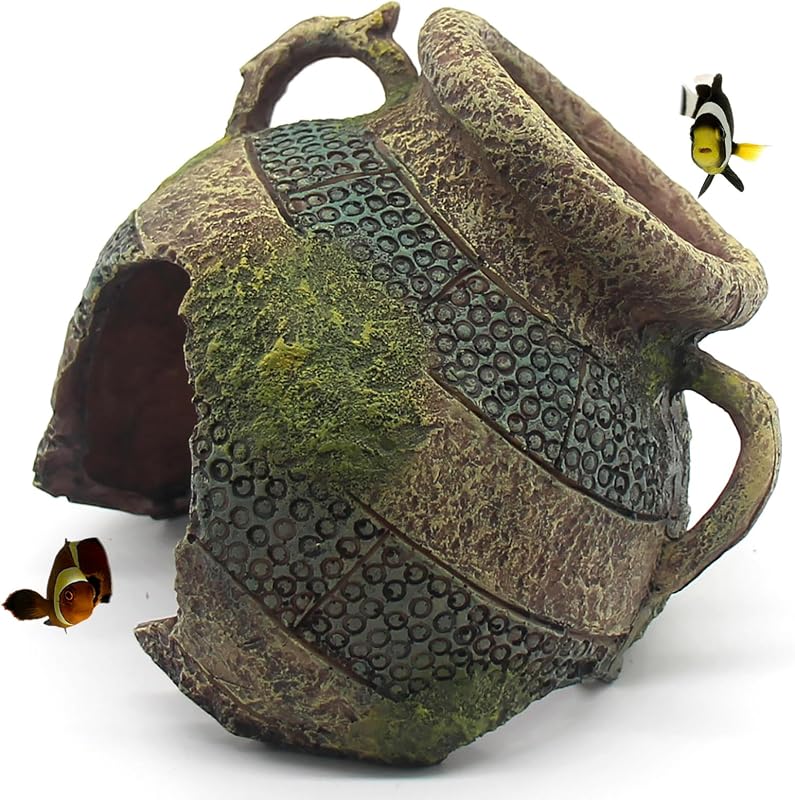 Aquarium Decor Ruins Leaning Vase Hideaway Cave, Betta Fish Tank Accessories for Goldfish, Shrimp, Conch, Cichlid