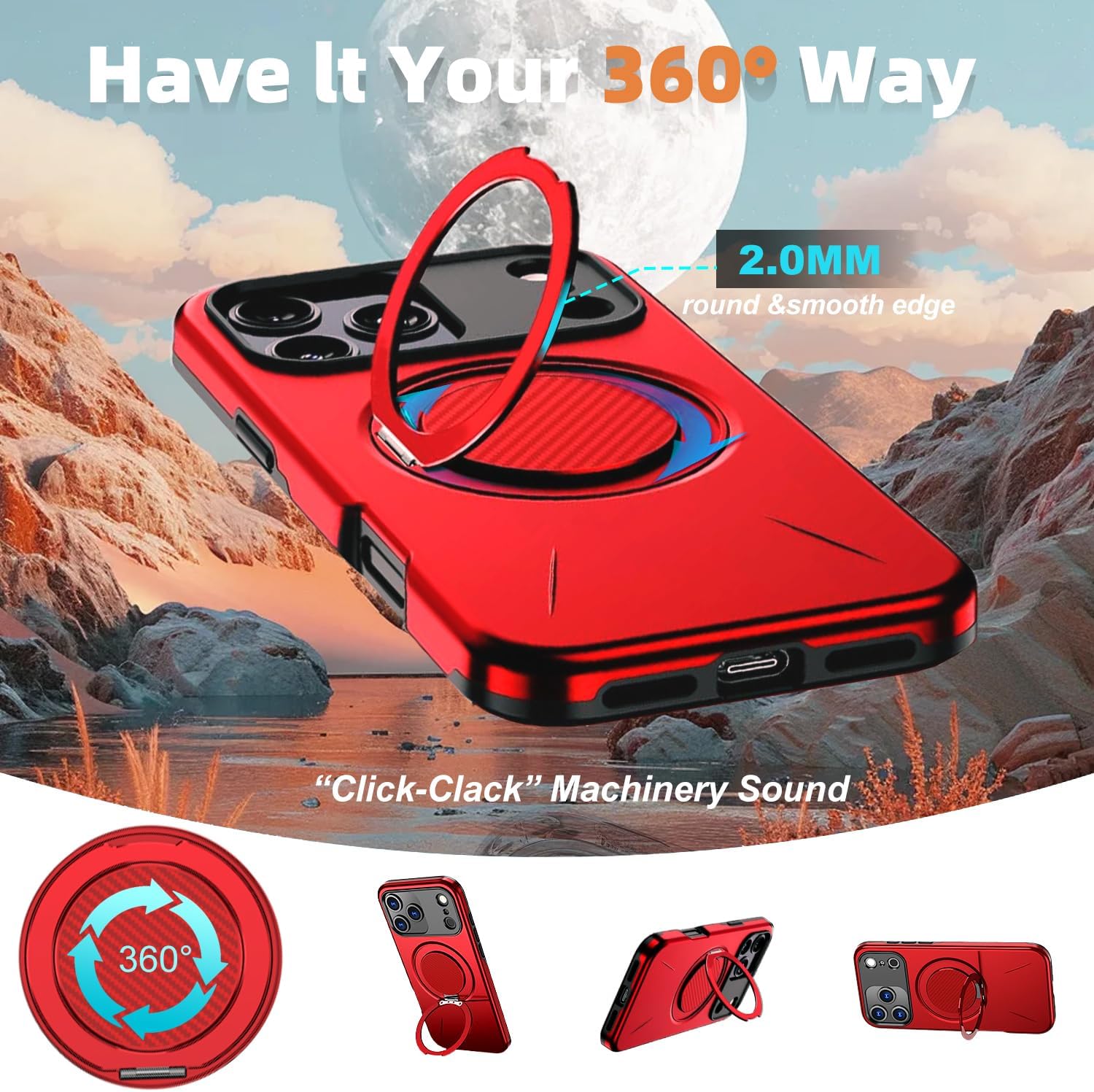 Case for iPhone 17 Pro Compatible with MagSafe with 360°Rotating Magnetic Stand Ring [Military Protection] Glossy Dual Layer Slim Case with 1 Screen Protector for iPhone 17 Pro 6.3"(Red)