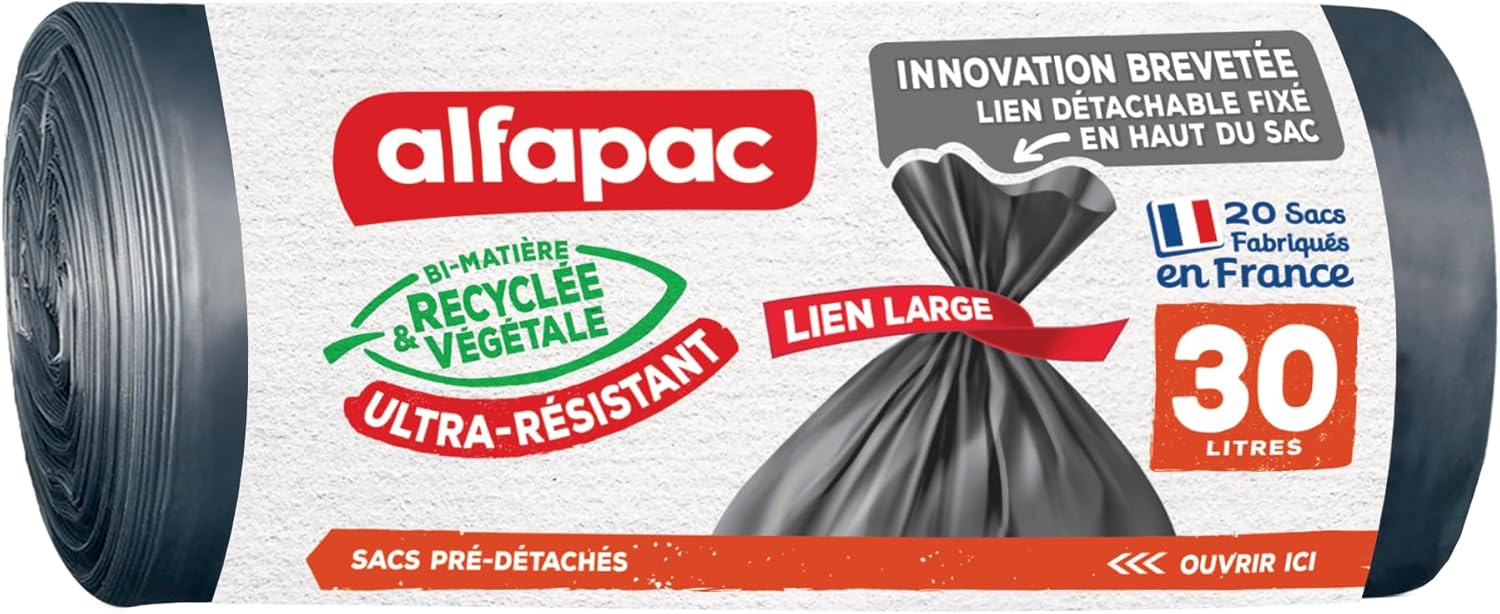 Alfapac alfapac-20 Bags 30 L with Extra-Strong Made in France-Unique bi-Material Vegetable Recycled Maxi-Weights Wide Link, 1 unité (Lot de 1), Black
