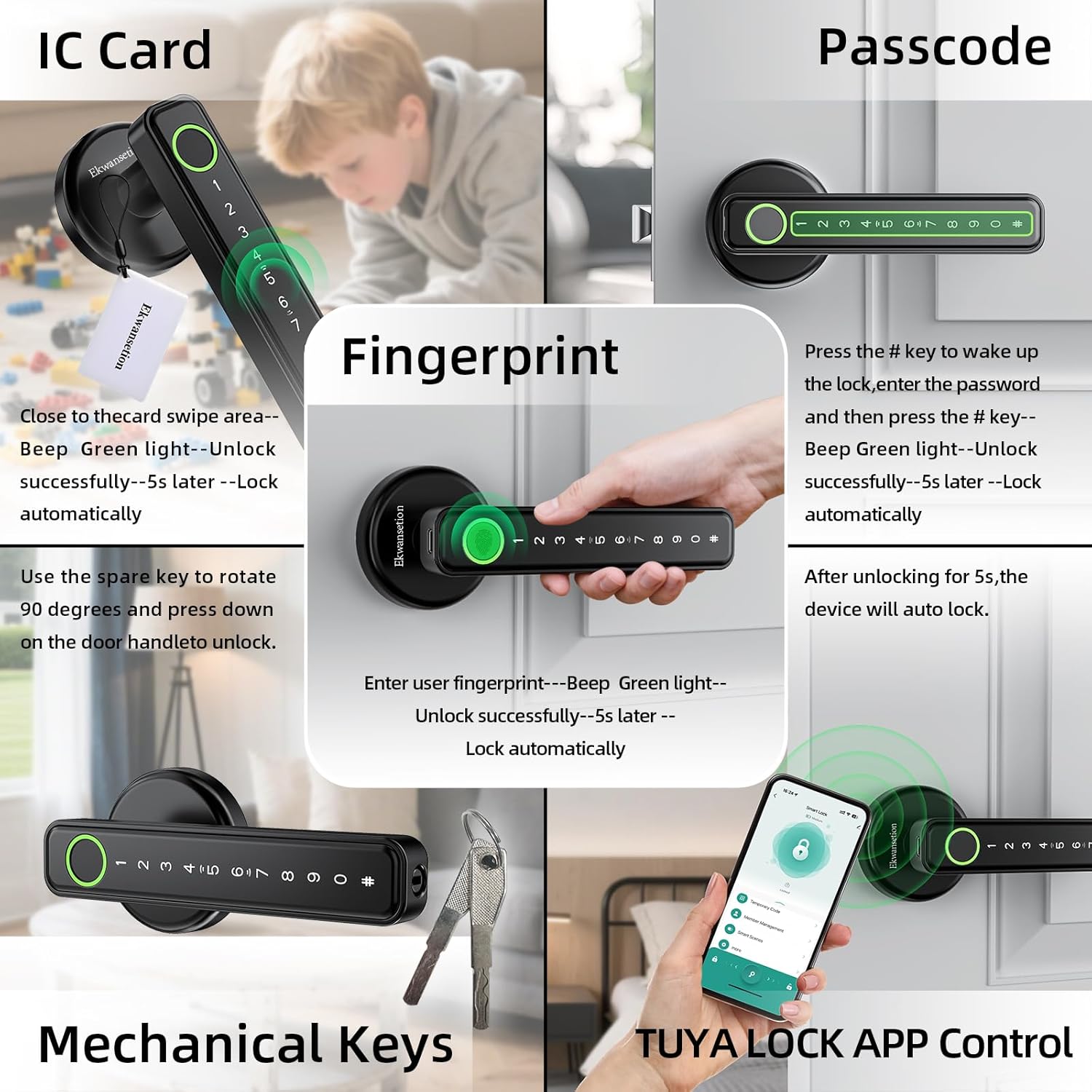 Smart Fingerprint Door Lock with Handle & Keypad, Keyless Fingerprint Entry, Touchscreen Code for Front Door, Bedroom, Home, Apartment, Hotel with Alexa (Black app Unlock) Ekwansetion