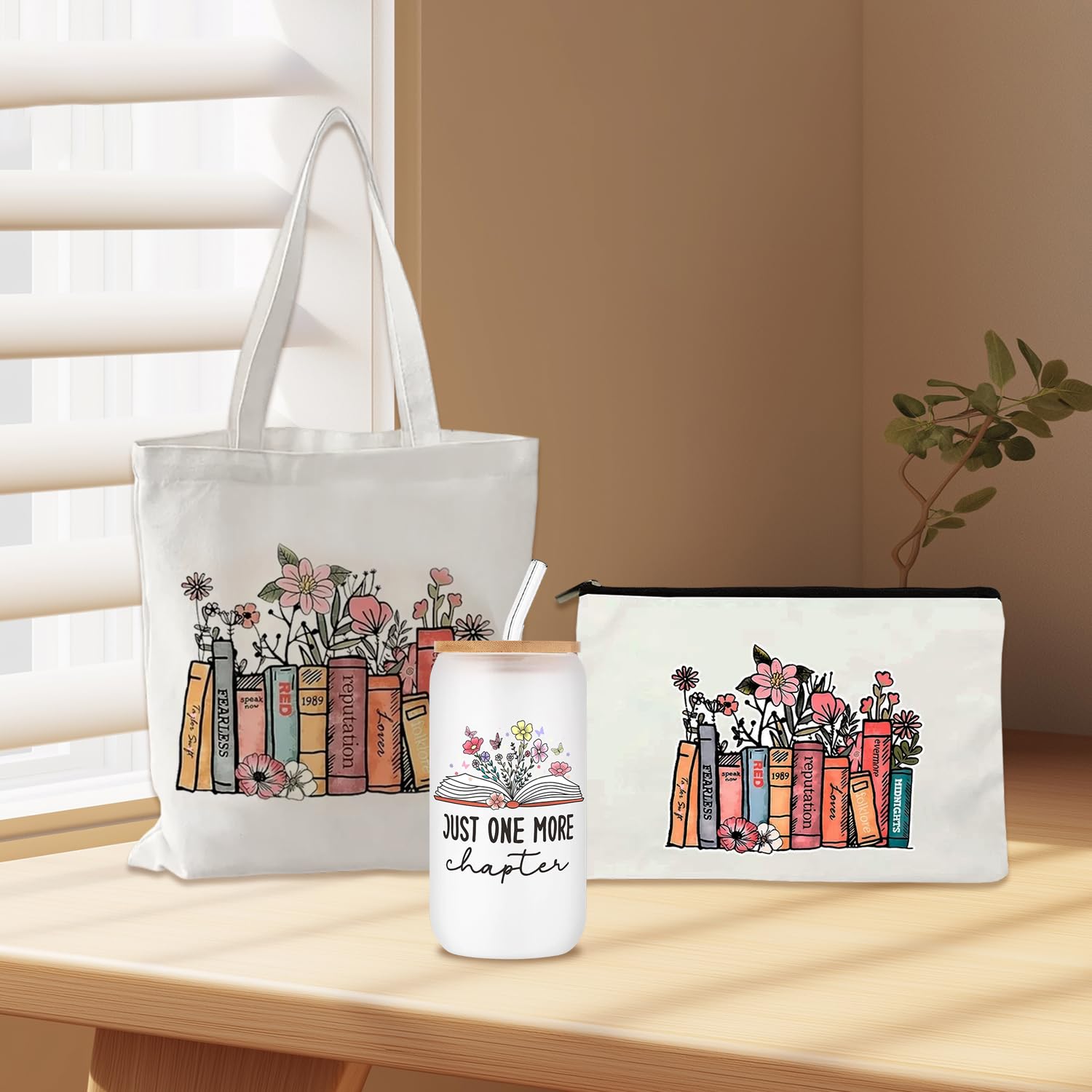 Onperpoe Cadeau d'anniversaire pour les amateurs de livres avec sacs fourre-tout, sacs cosmétiques, bouteilles en verre, bibliothécaire, bibliothécaire, cadeau pour lecteurs, enseignants, étudiants