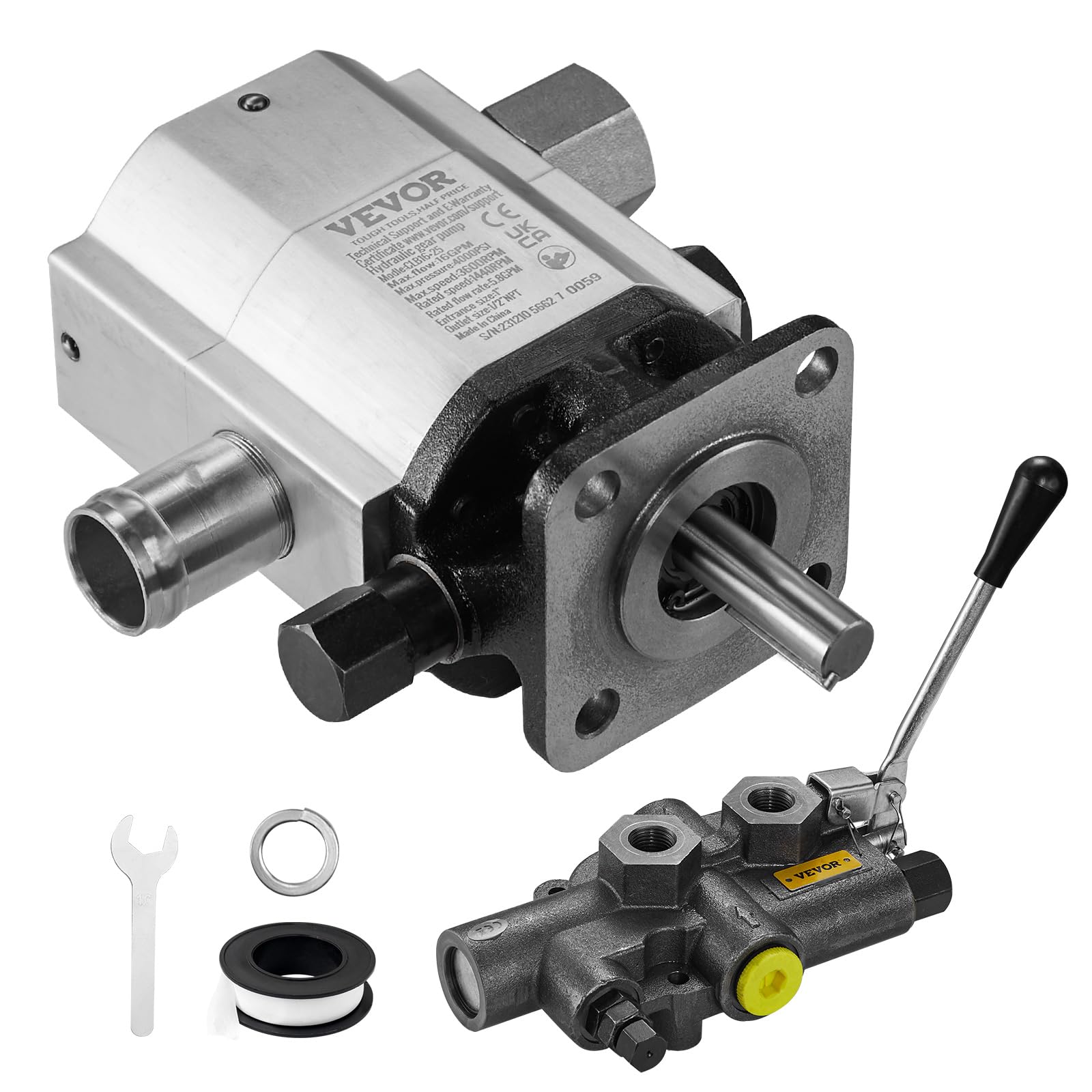 VEVOR Hydraulic Wood Log Splitter Pump Kit, 16 GPM, 2 Stage 4000 PSI Aluminum Hydraulic Gear Pump, with Valve 1'' Inlet 1/2'' NPT Outlet 3600 RPM, for Small Engine Mounting Log Splitters