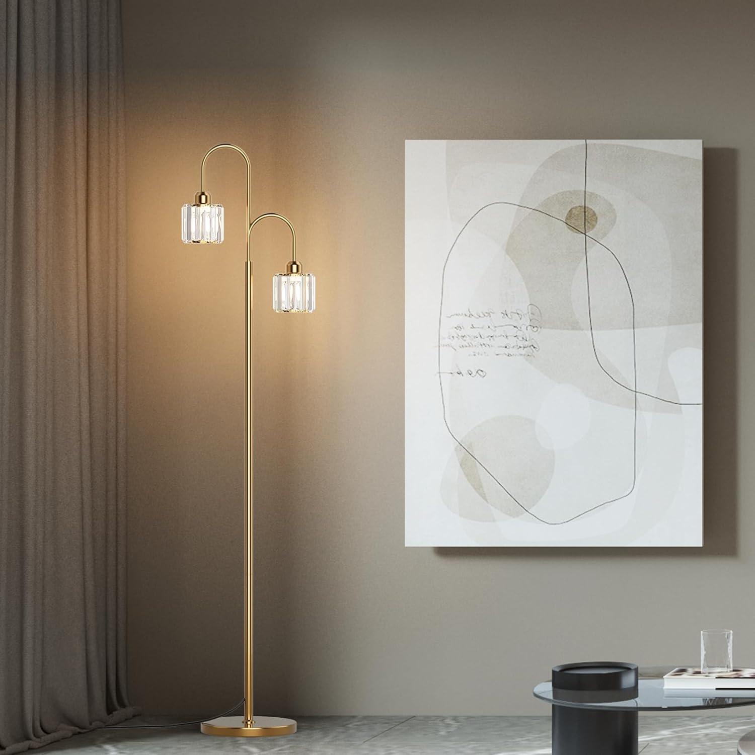 2-Light Gold Crystal Floor Lamp for Living Room, Modern Elegance Floor Lamp for Bedroom, On/Off Foot Switch, Mini E26 Bulbs Excluded, Max 60W, Brass Finish Crystal Standing Light