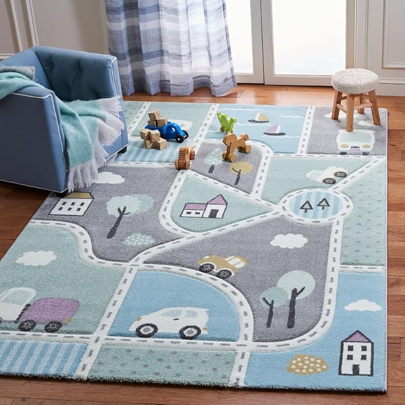 SAFAVIEH Carousel Kids Collection Area Rug - 6'7" x 9', Grey & Light Blue, Non-Shedding & Easy Care, Ideal for High Traffic Areas for Boys & Girls in Playroom, Nursery, Bedroom (CRK193F)