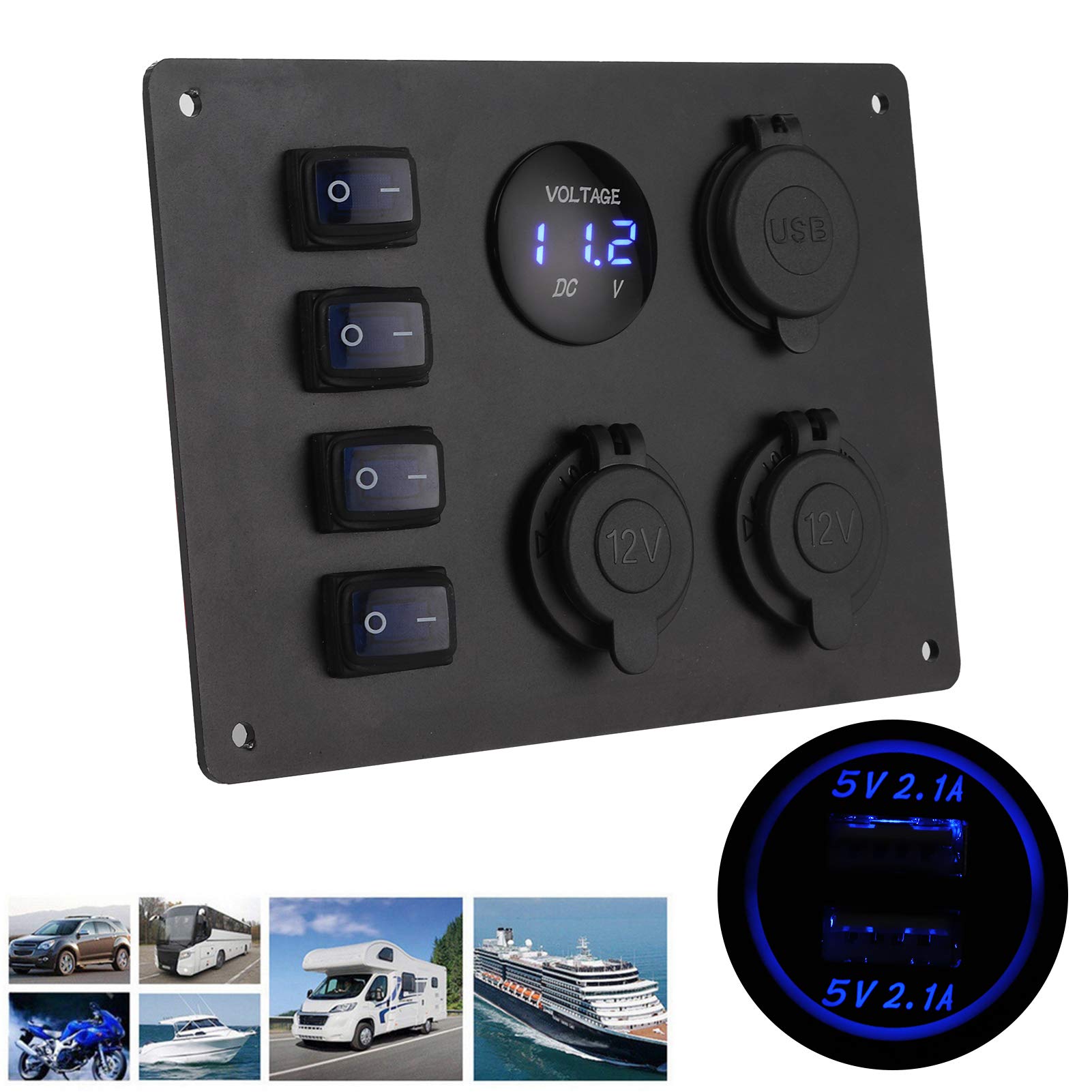 aqxreight - Pannello Interruttori a Bilanciere, Presa 12V Display Tensione Doppia Porta USB Pannello Interruttori a Bilanciere Impermeabile 4 Gang per