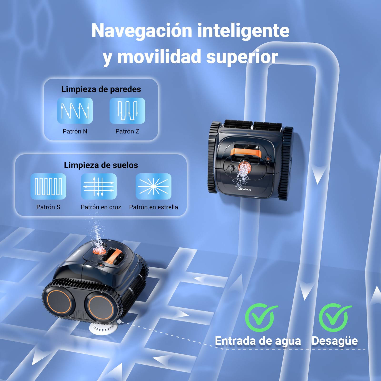 WINNY POOL CLEANER Winny C1 Robot Piscina y Limpiafondos Piscina-Sin Cables, 150 min de Autonomía, Limpia Paredes y Fondo, Navegación Inteligente, Auto-Aparcamiento, Naranja Negro