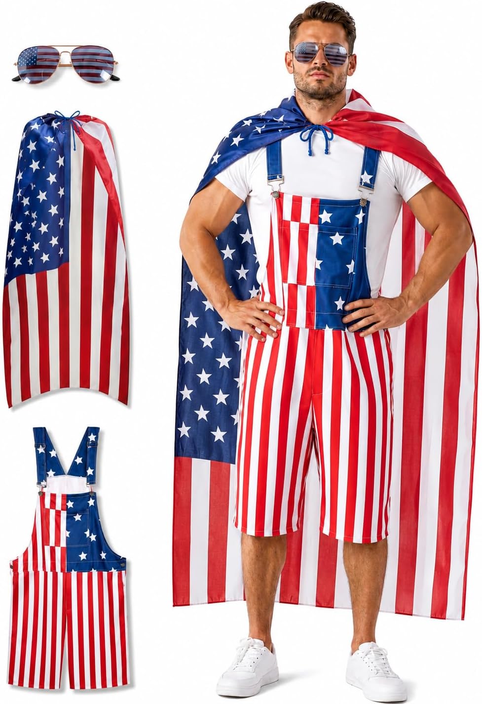 American Flag Overalls for Men 3PCS Patriotic Costume Set 4th of July Independence Day Outfit Memorial Day Parade