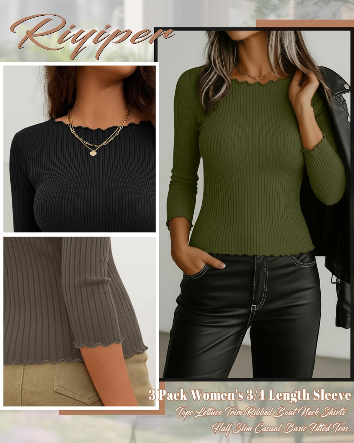 Riyiper 3 Pack Women's 3/4 Length Sleeve Tops Lettuce Trim Ribbed Boat Neck Shirts Half Slim Casual Basic Fitted Tees - Image 5