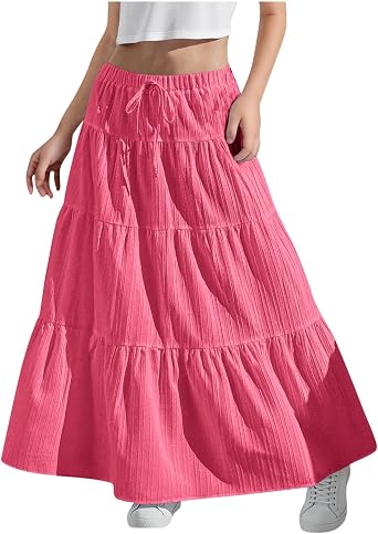 Girls Maxi Skirt Tiered High Elastic Waist with Bow Drawstring Summer Casual Flowy A-Line Long Skirt Size 4-15 Years