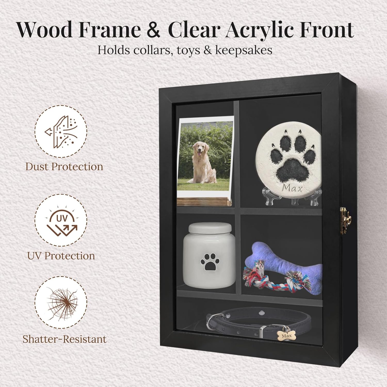 Pet Memorial Shadow Box with Shelves, Deep Shadow Box Display Case for Dog & Cat Memories, 15.3x11.4x4.3 Inch Pet Memorial Frame for Collar, Photo & Paw Print Keepsakes