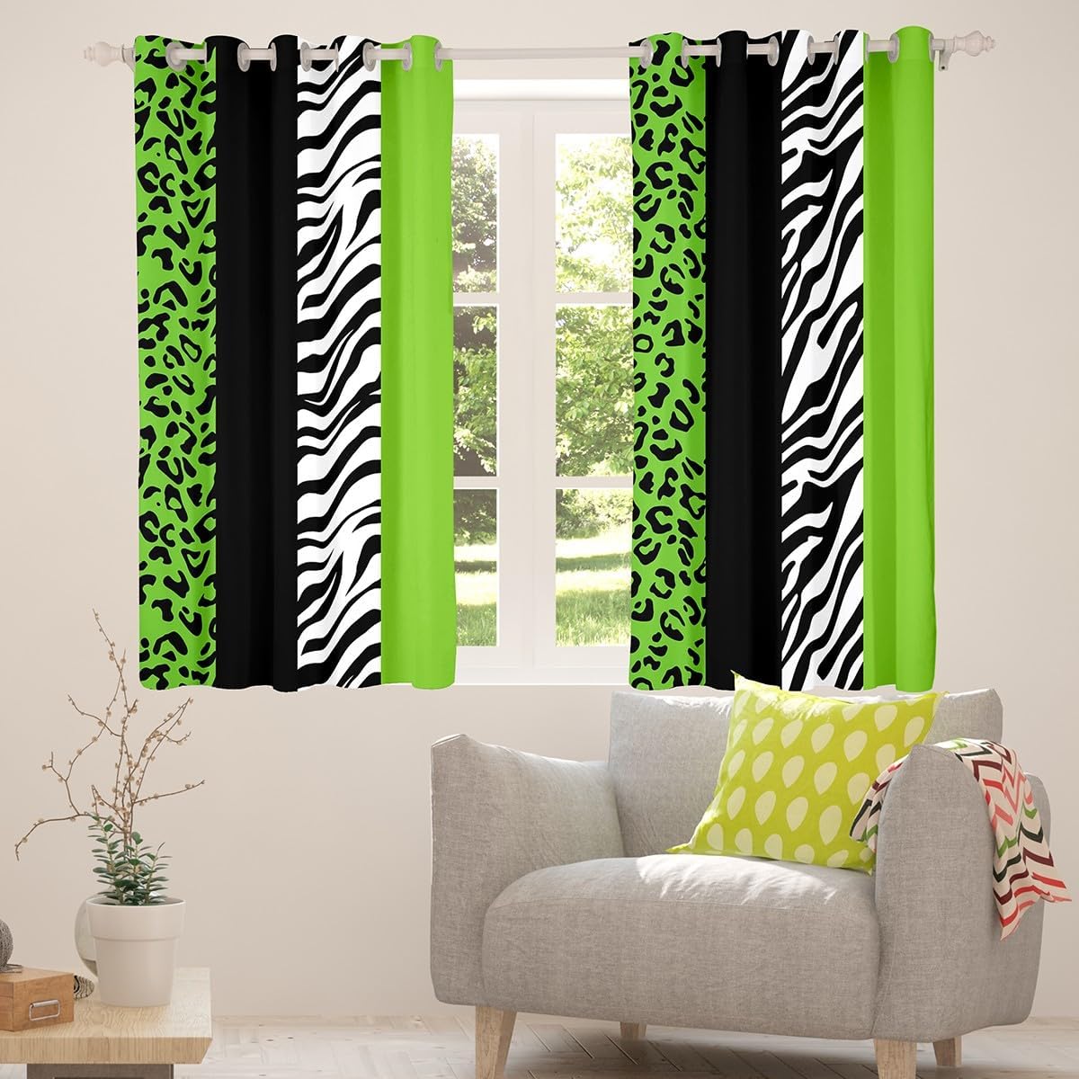 Homewish Leopard Print Blackout Curtains,Zebra Skin Texture Window Drapes for Kids Teens Adult,Striped Abstract Black White Green Window Treatments Grommet Top 2 Panel Set Curtains, 38Wx45L inch