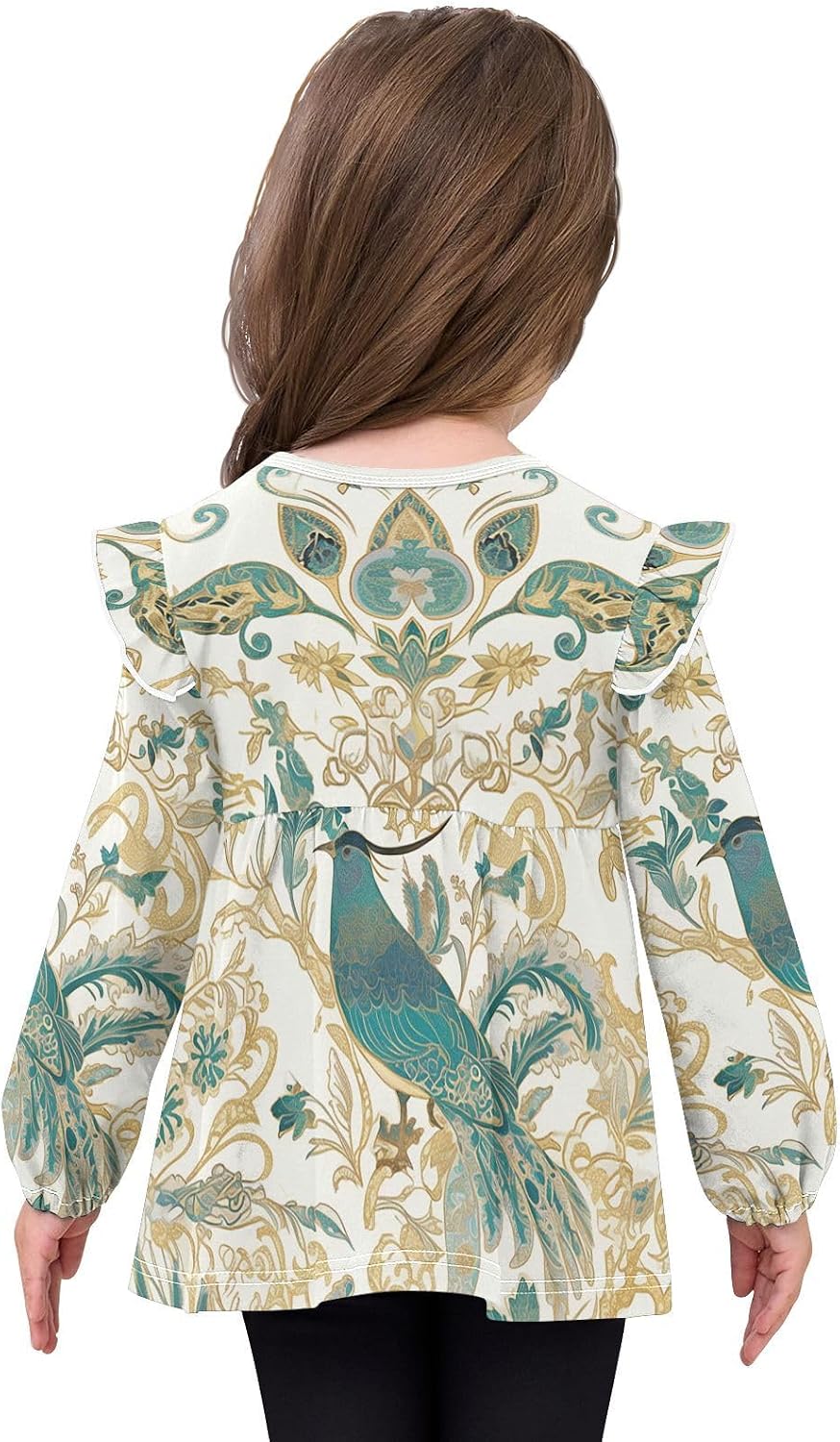 visesunny Toddler Clothes for Girls Bird Plant Persian Gold Long Sleeve Fall Shirts Cotton Top with Ruffle Collar
