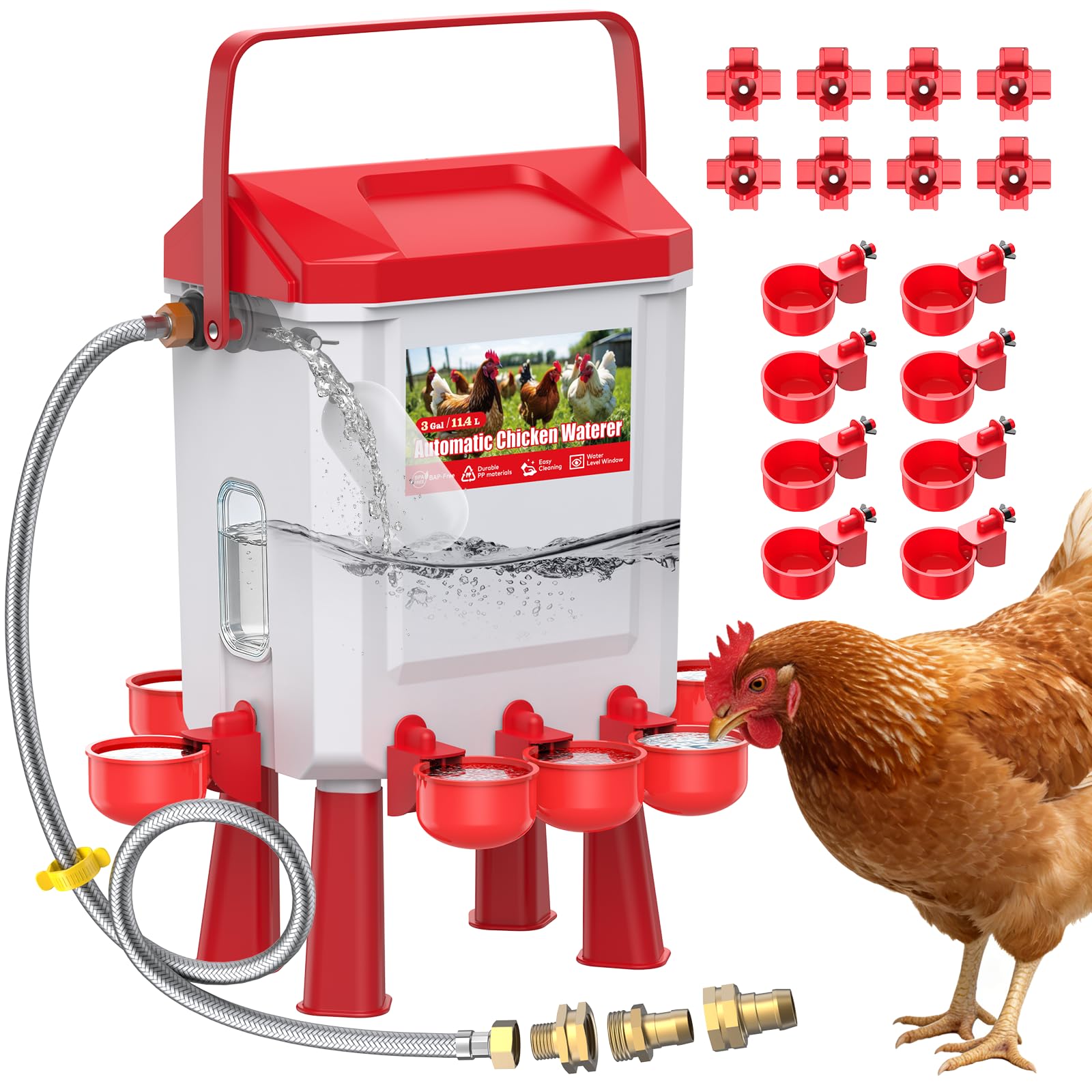 Bebedero Gallinas Automático 10 litros con Pies, 8 Cuencos, Flotador Filtrado Controlado