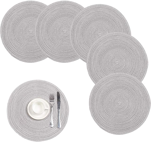 Pauwer 38cm Woven Round Placemats Heat Insulation Non Slip Braided Cotton Dinner Table Mats Large Washable Place Mat for Kitchen Dining Table (Light Gray, Set of 6)