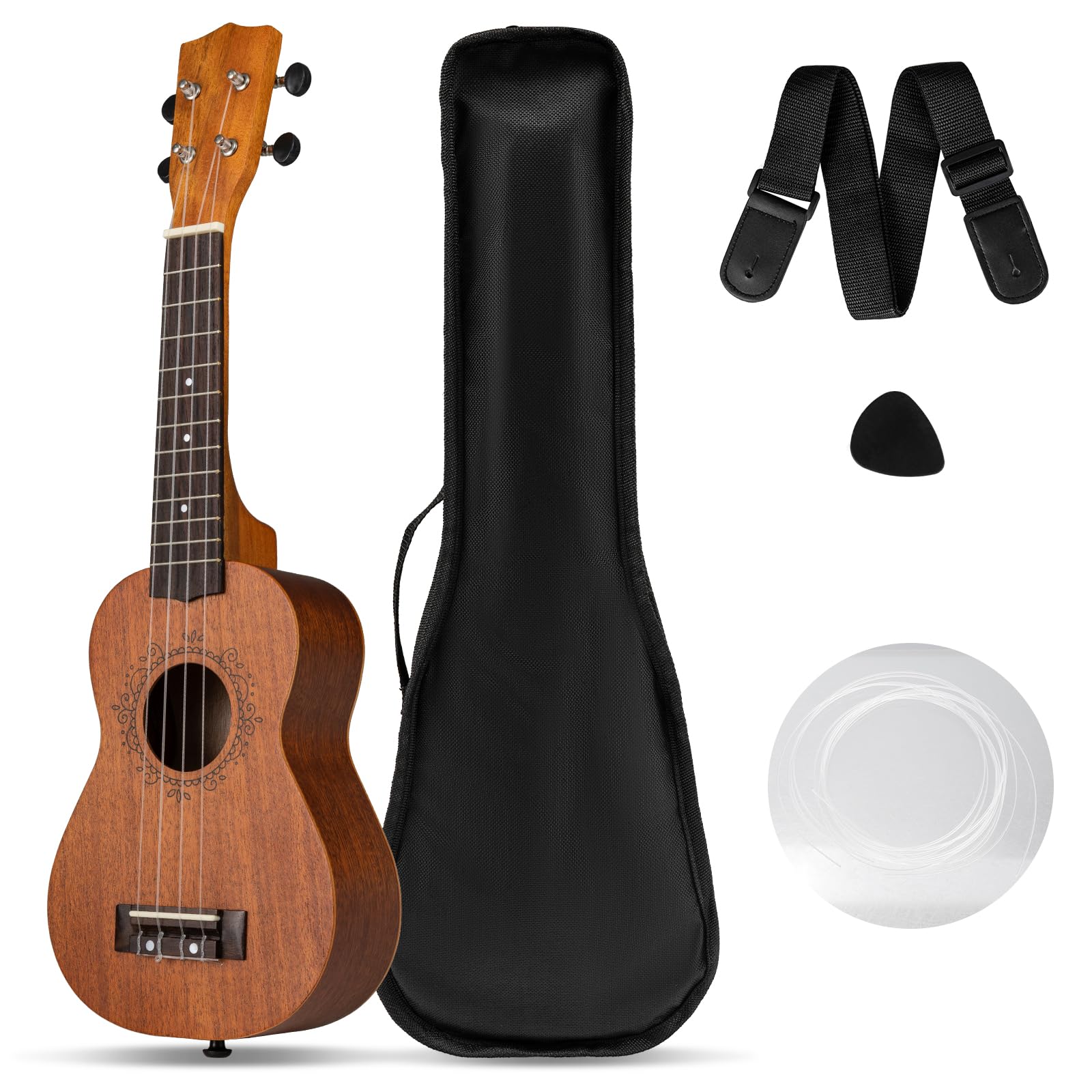 COSTWAY Ukelele de 21 Pulgadas para Principiantes, Ukelele Soprano de Madera de Caoba con Funda, Púa, Correa Ajustable y Cuerdas de Nylon Extra, Guitarra de de 4 Cuerdas para Niños, Natural