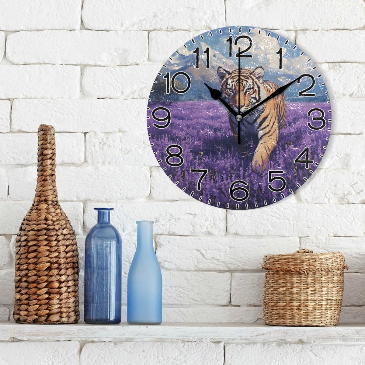 ALAZA Tiger Purple Flower Field Wall Clock Battery Operated Non Ticking Silent Quartz Analog Rustic Farmhouse Round Clock Retro Decor for Home Kitchen Living Room Bathroom
