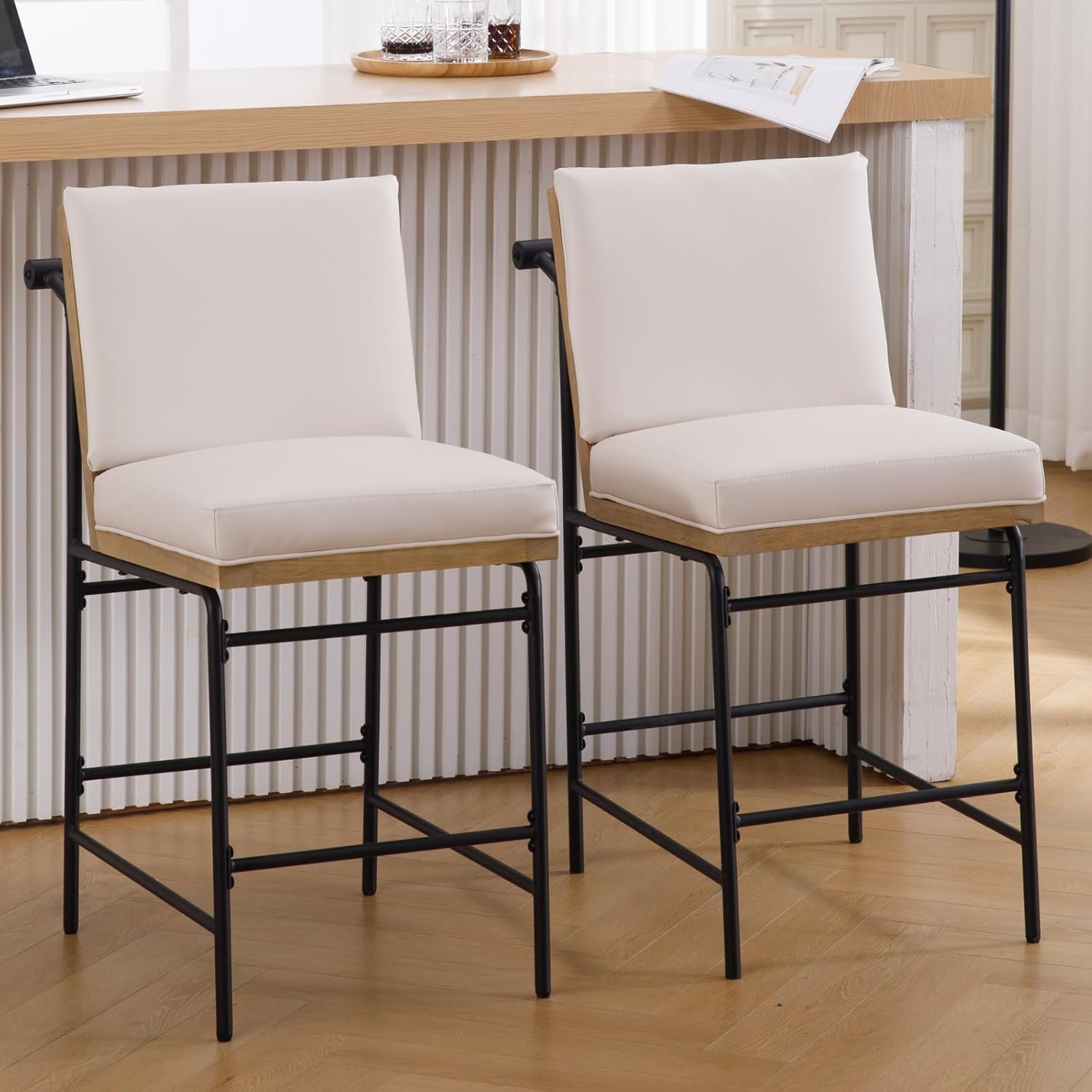 DUOMAY Mid Century Modern Counter Stools Set of 2, PU Leather 25.75" Seat Height Low Barstools with Metal Legs Armless Dining Stools Mid Back Breakfast Stool for Home Kitchen, Beige