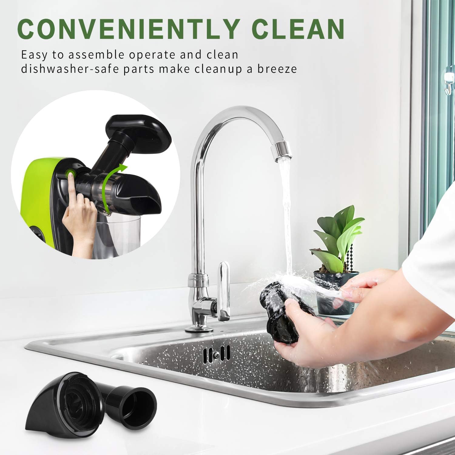 CIRAGO Horizontal Cold Press Juicer, Two Speed Adjustments, Slow Masticating Juicer Extractor, Easy to Clean, Silent Motor, Suitable for Vegetables and Fruits, BPA Free (Green) - Image 3