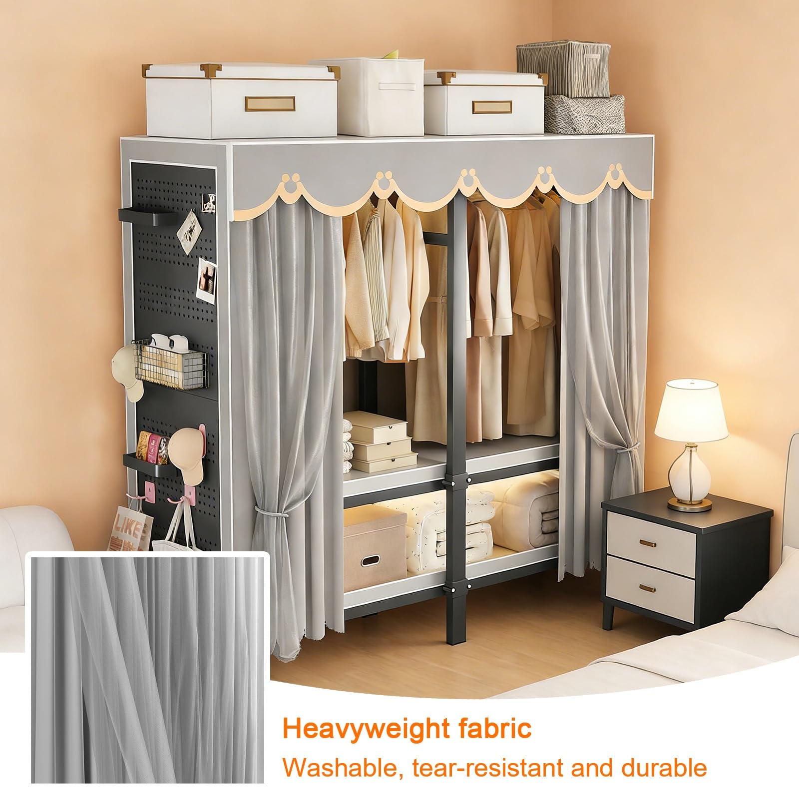 Stoffkleiderschrank mit Abdeckung, Faltbarer Kleiderschrank mit Lochwand zum Selbergestalten, Freistehender Kleiderständer aus Metall zur Aufbewahrung von Kleidung(Right,205cm/81in)