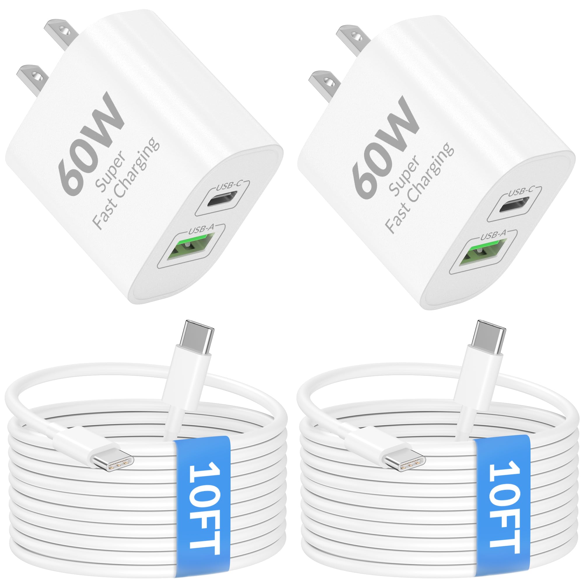 60W Dual-Port Charger for iPhone 17/Air/16/16e/15 Pro Max Fast Charging, 2Pack USB C Charger Block Wall Plug Cube + 10FT Long USBC Cable Cord for iPhone 16/15 Plus, iPad 11th/10th/Pro/Air, AirPods