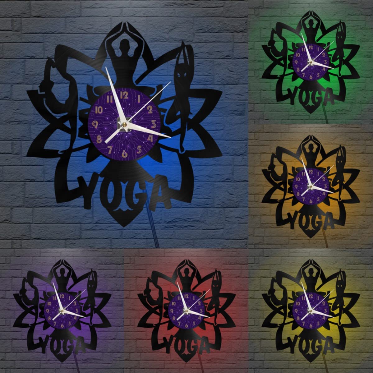 YHES Reloj de Pared de Vinilo de Yoga, Reloj de Pared de Vinilo silencioso y sin tictac (P、con luz LED