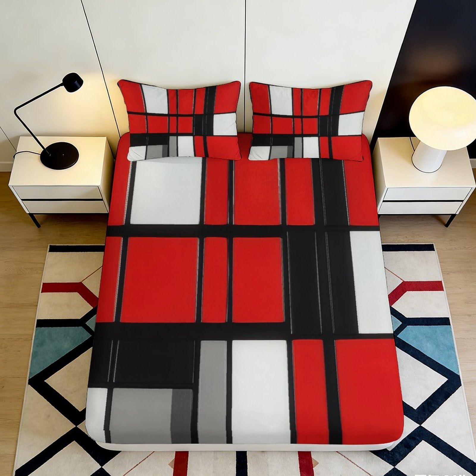 Jqzkxnhpbr Style-9 3D Printed Geometric Red Black Fitted Sheet Microfiber Modern Abstract Mattress Cover For Bedroom Guest Room Decor 90X200x25cm