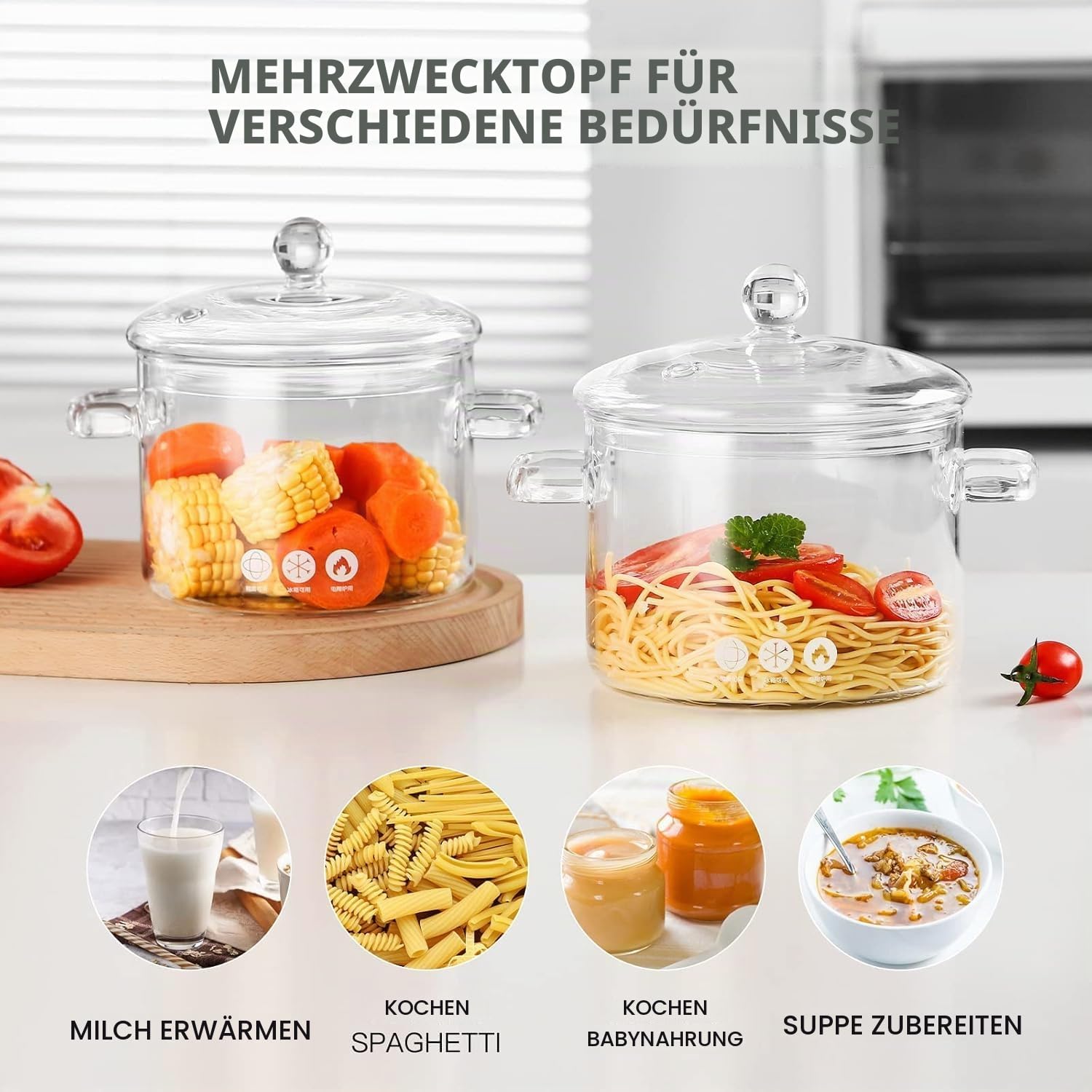 Glaspfanne, Doppelgriff-Glaspfanne mit Deckel 1,6 Liter Pfanne