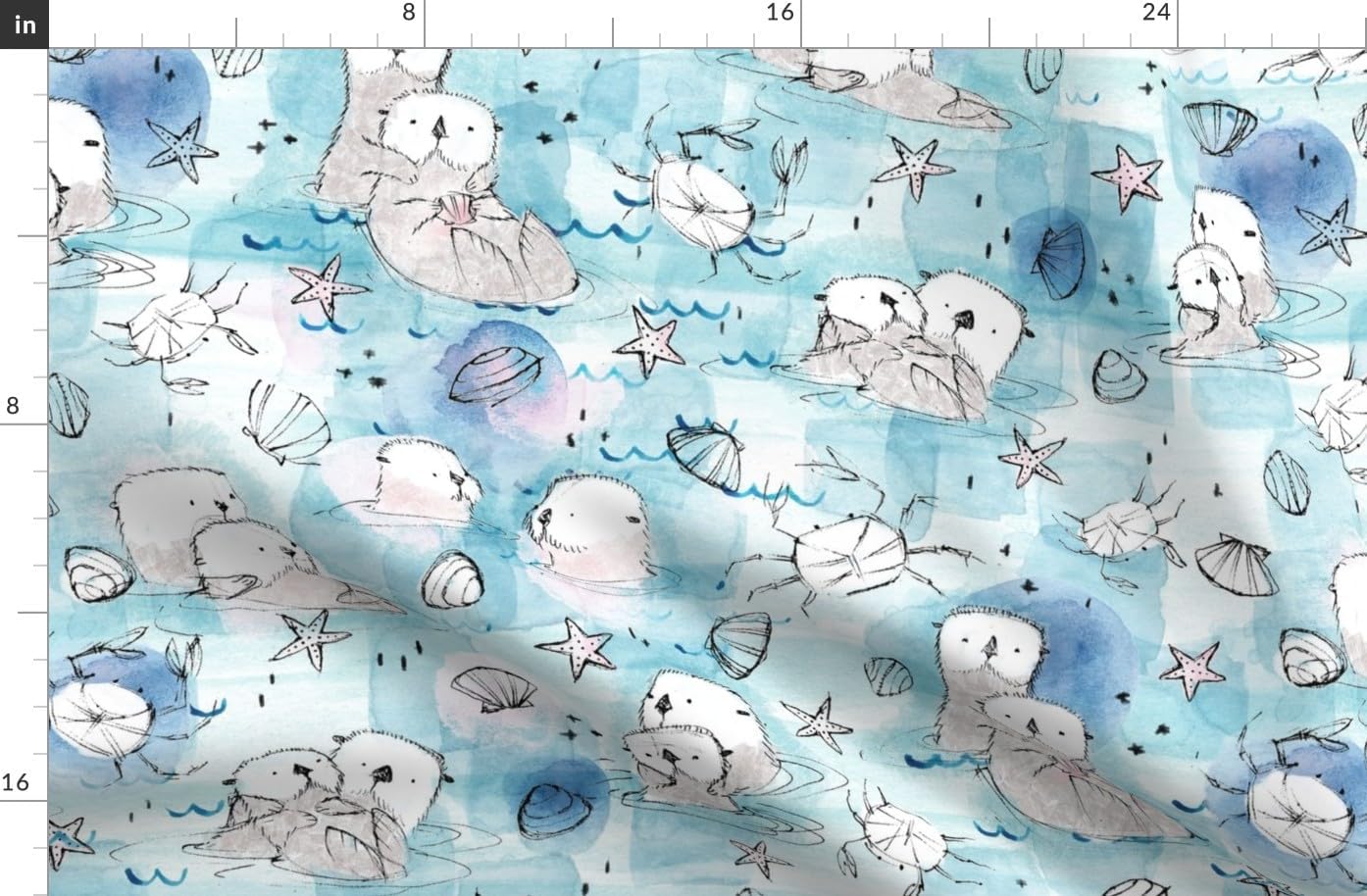 Spoonflower Fabric - Otters Blush Neutral Sea Watercolor Crab Coastal Otter Printed on Polartec(R) Fleece Fabric by The Yard - Sewing Blankets Loungewear and No-Sew Projects