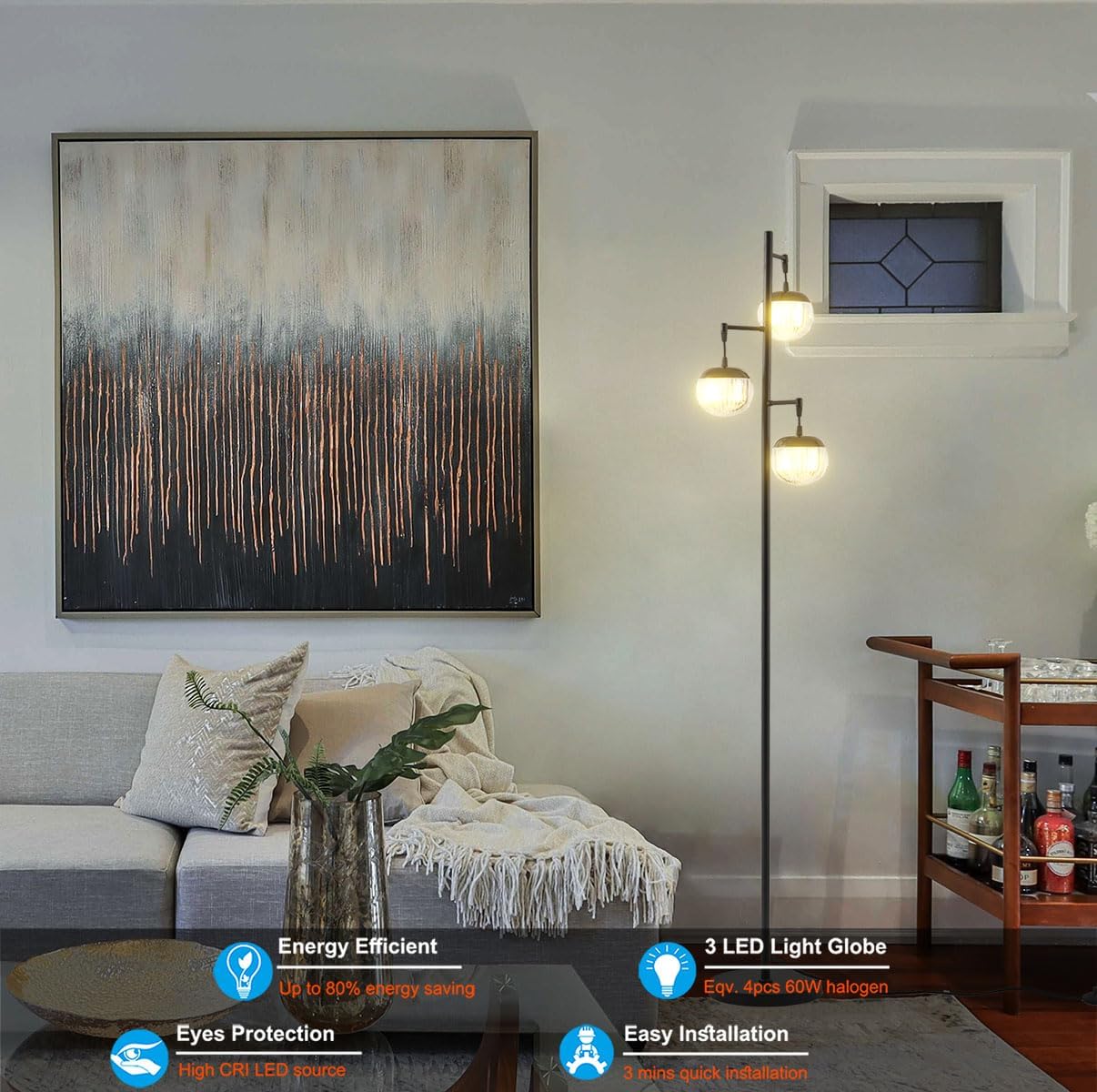 Fiqevs Mid Century Modern Floor Lamp with LED Bulbs, 3 Globe Standing Lamp with 3 Ribbed Clear Orb Shades, Black Tall Lamp for Living Room Bedroom Office