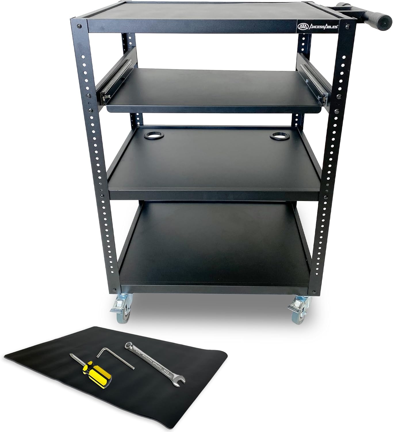 AxcessAbles Computer Cart on Wheels 400LB Capacity, Metal AV Equipment Utility Workstation, with Pullout Keyboard Tray, 2 Locking Caster Wheels. Projectors, Monitors, Printers Schools, Offices, Homes
