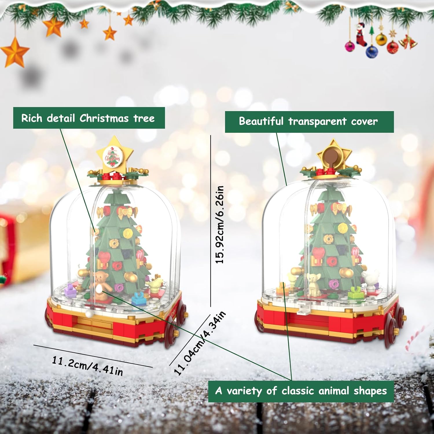تفصيلي view of the Christmas tree snow globe car with dimensions