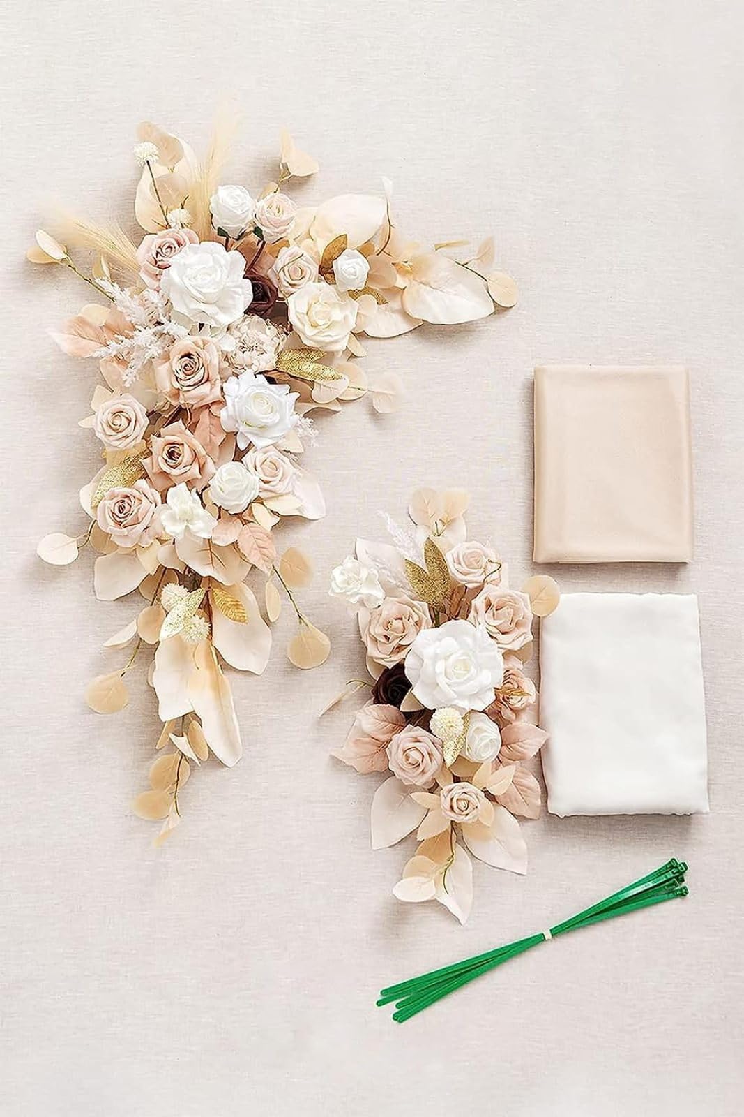 BRYER Künstlicher Hochzeitsbogen Mit Blumen-Set (4 Stück), Weiße Rosenblumen-Girlande Mit 2 Stück Weißen, Durchsichtigen, Drapierten Stoff-Blumengirlanden Für Die Hochzeitsdekoration