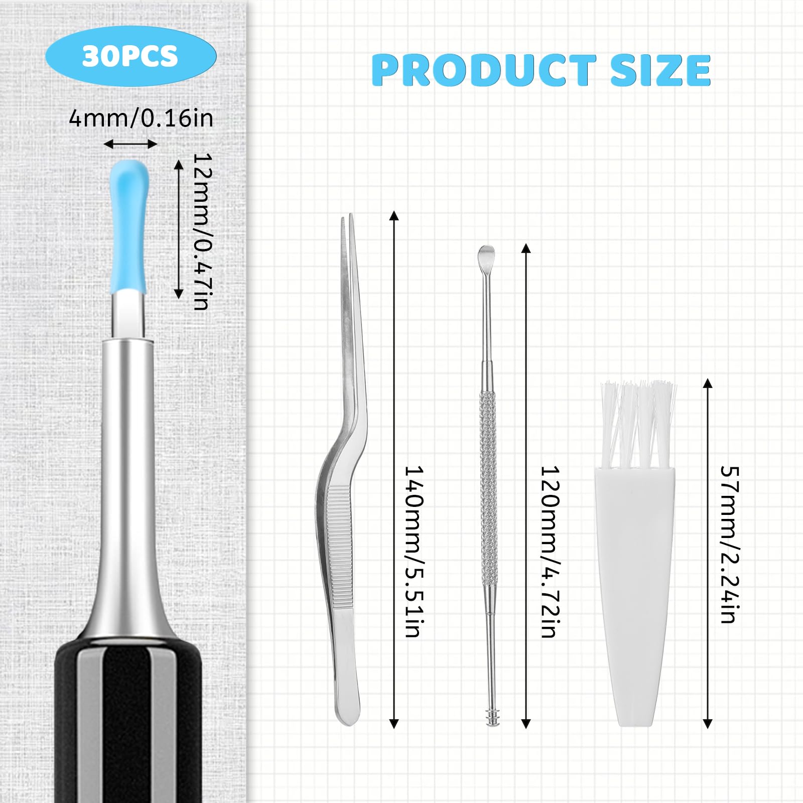 30 PCS Ear Wax Removal Replacement Tips for Ear Camera, Silicone Replacement Tips Ear with Manual Ear Cleaning Tool Set, Ear Spoon Tip Cover Replacement Accessories for Ear Camera Otoscope