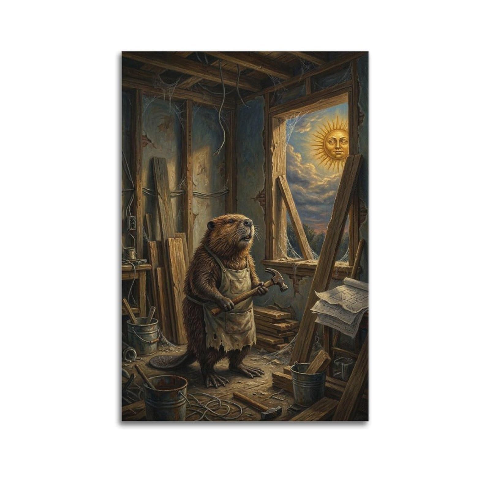 XKUGA Surreal Vintage Animal Poster Beaver Endless Repair Satire Modern Decorative Canvas Prints - Ideal Wall Art for Family, Man Cave, Game Room, Boys & Girls Bedroom 24x36inch(60x90cm)