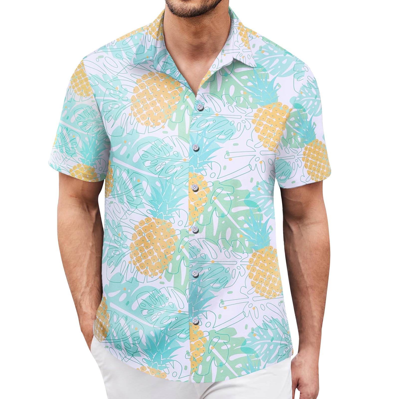 Rioofinx Hawaiian Shirt for Men Sleeves Printed Casual Button Down Summer Beach Dress Shirts