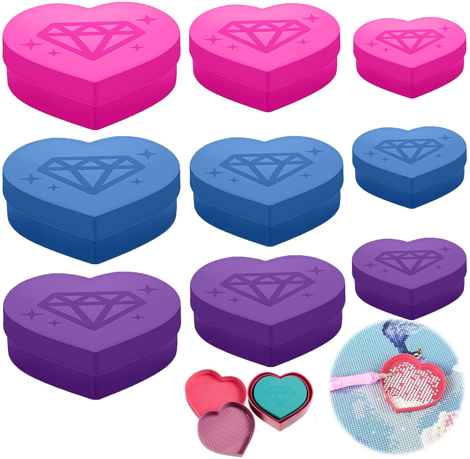 Sugamm Assorted 9 Pack Heart Shape Diamond Rhinestone Plate Tray, Plastic Bead Sorting Trays Large, Medium And Small Three Sizes Diamond Painting Tray, Diamond Painting Accessories Tools For Diy Art Craft