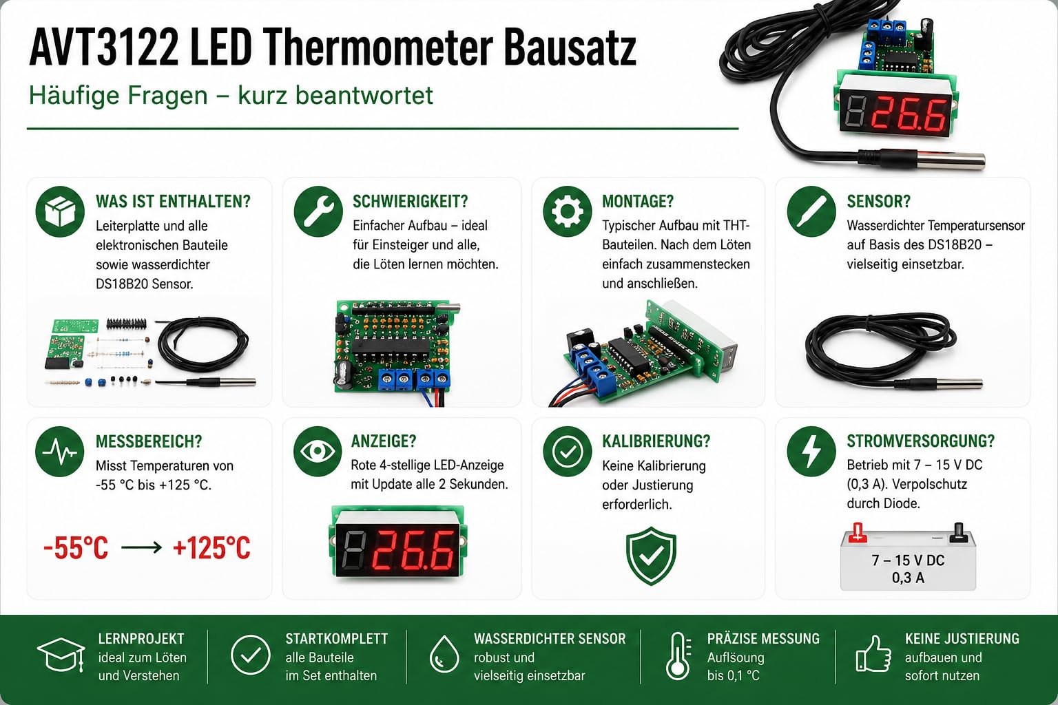 AVT3122 KIT DIY - LED-Thermometer mit roter Anzeige, Temperaturanzeige, DIY, LED, Elektronik Bauset, Löten, Trainieren, Lernen, Projekt für Anfänger