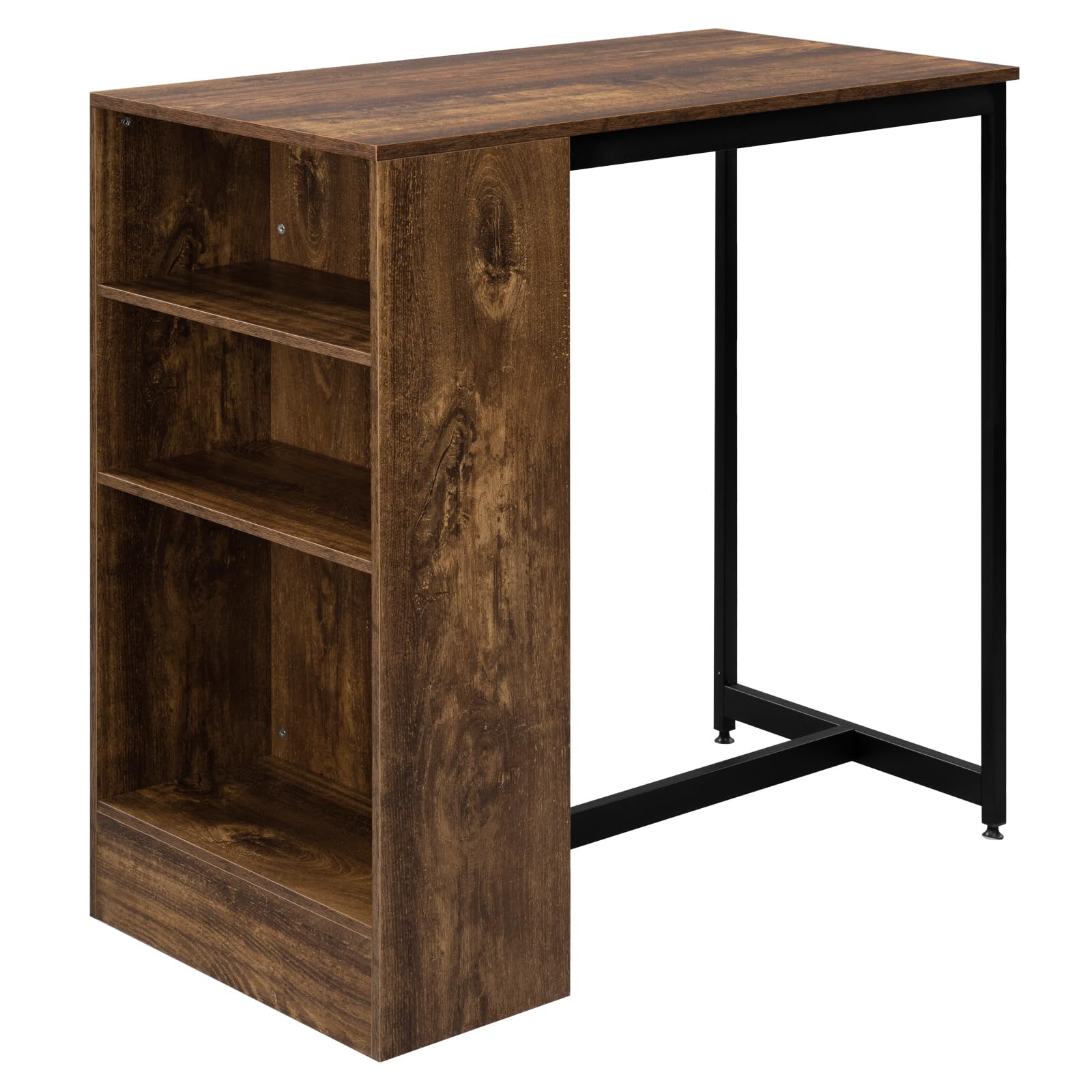 WOLTU Table Bar 90 x 50 x 90 cm, Table Haute Cuisine et 3 Compartiments de Rangement, Mange Debout en Métal & Bois, Rustique+Noir