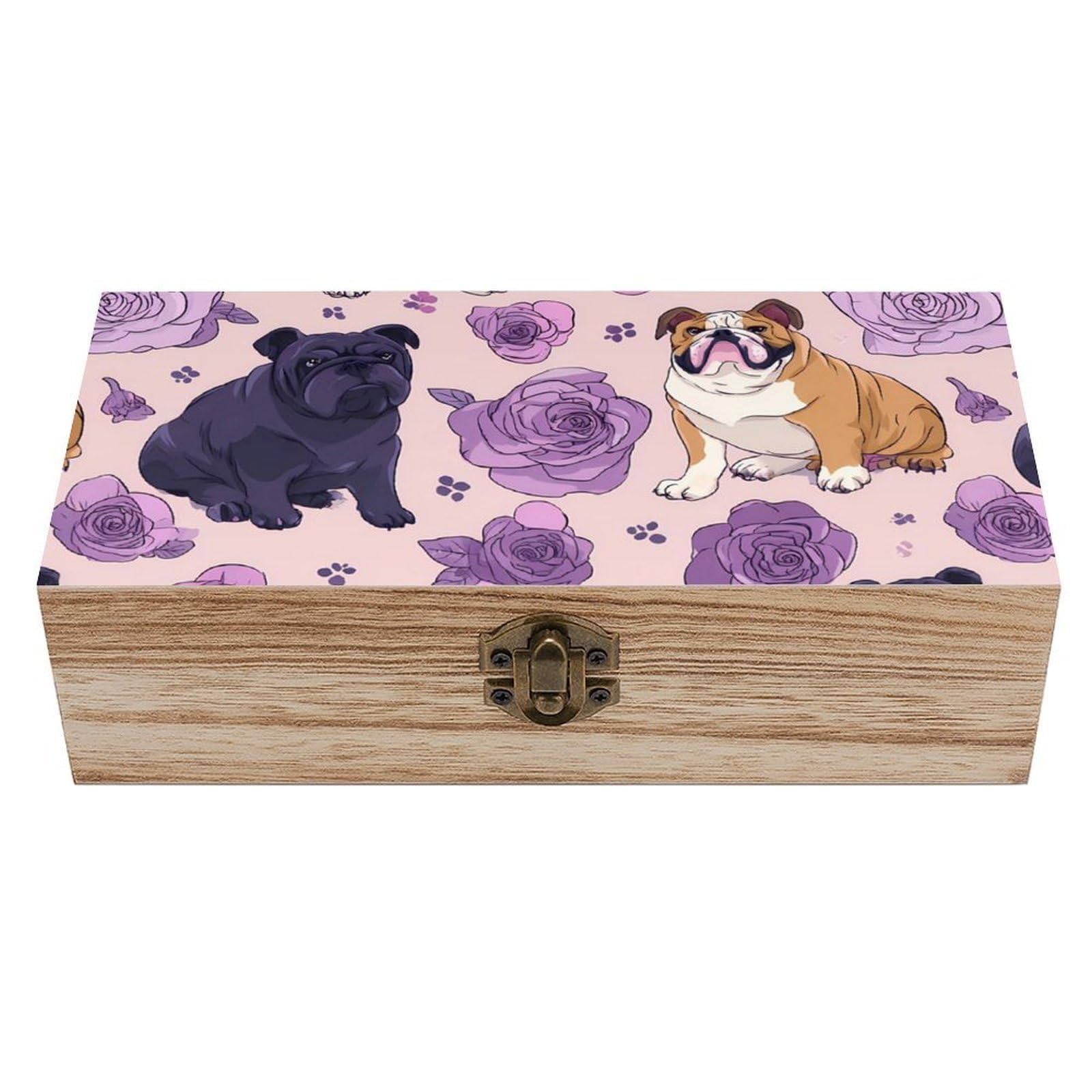 HLBSDM Bulldog Wooden Box with Hinged Lid Decorative Storage Case Container