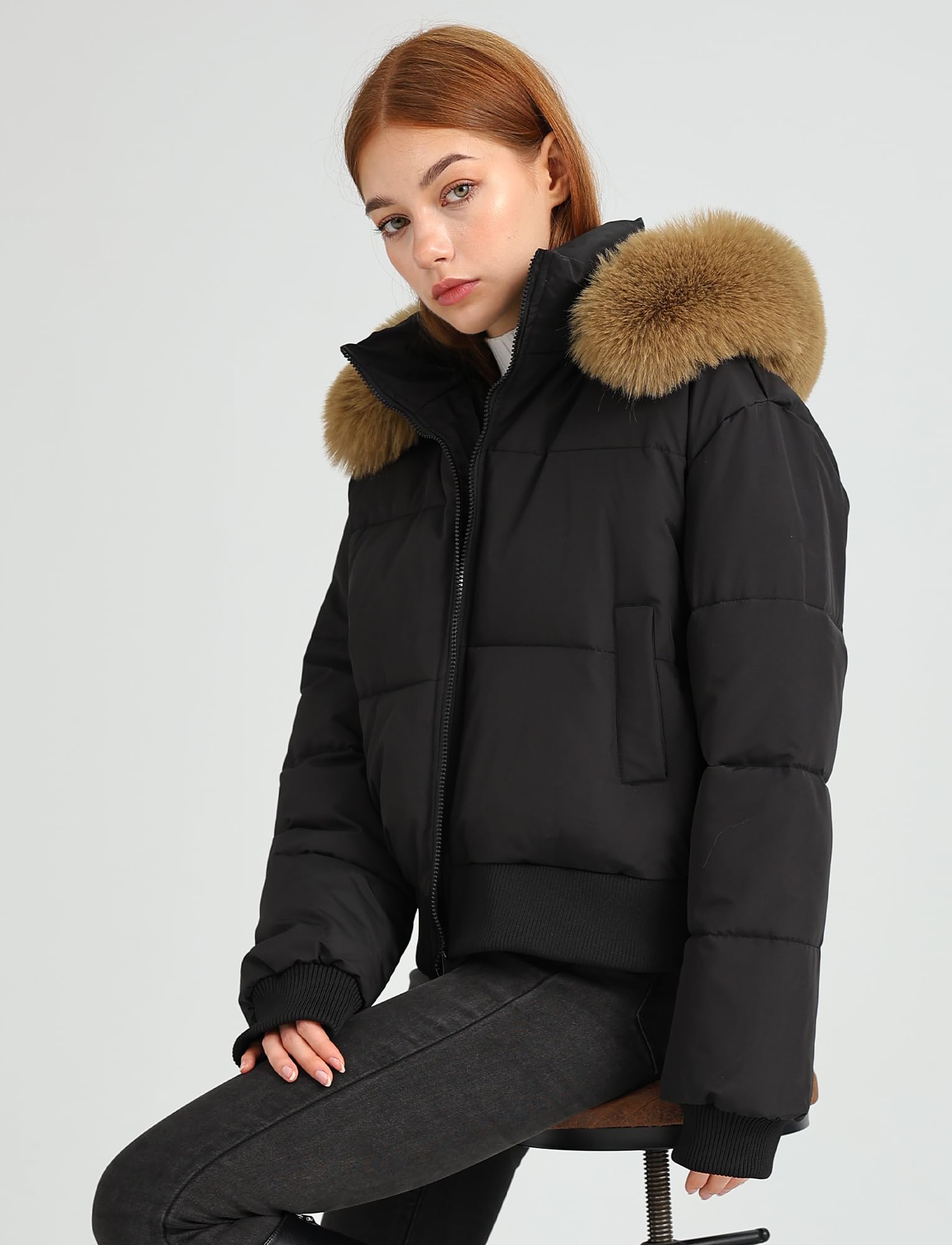 Maeau - Manteau Court à Capuche Col en Fourrure Amovible Femme Veste Hiver Chaude M-XXL
