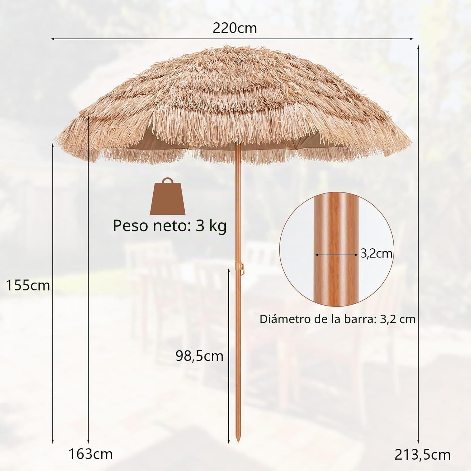 GOPLUS Conjunto de 3 piezas de Muebles, Sombrilla Paja Inclinable 2,2 M, Tumbona Jardin de Ratan Reclinable en 7 Posiciones, Base Sombrilla de HDPE para Mástiles de 33/39/48/55 mm (1, amarillo, Ratán)