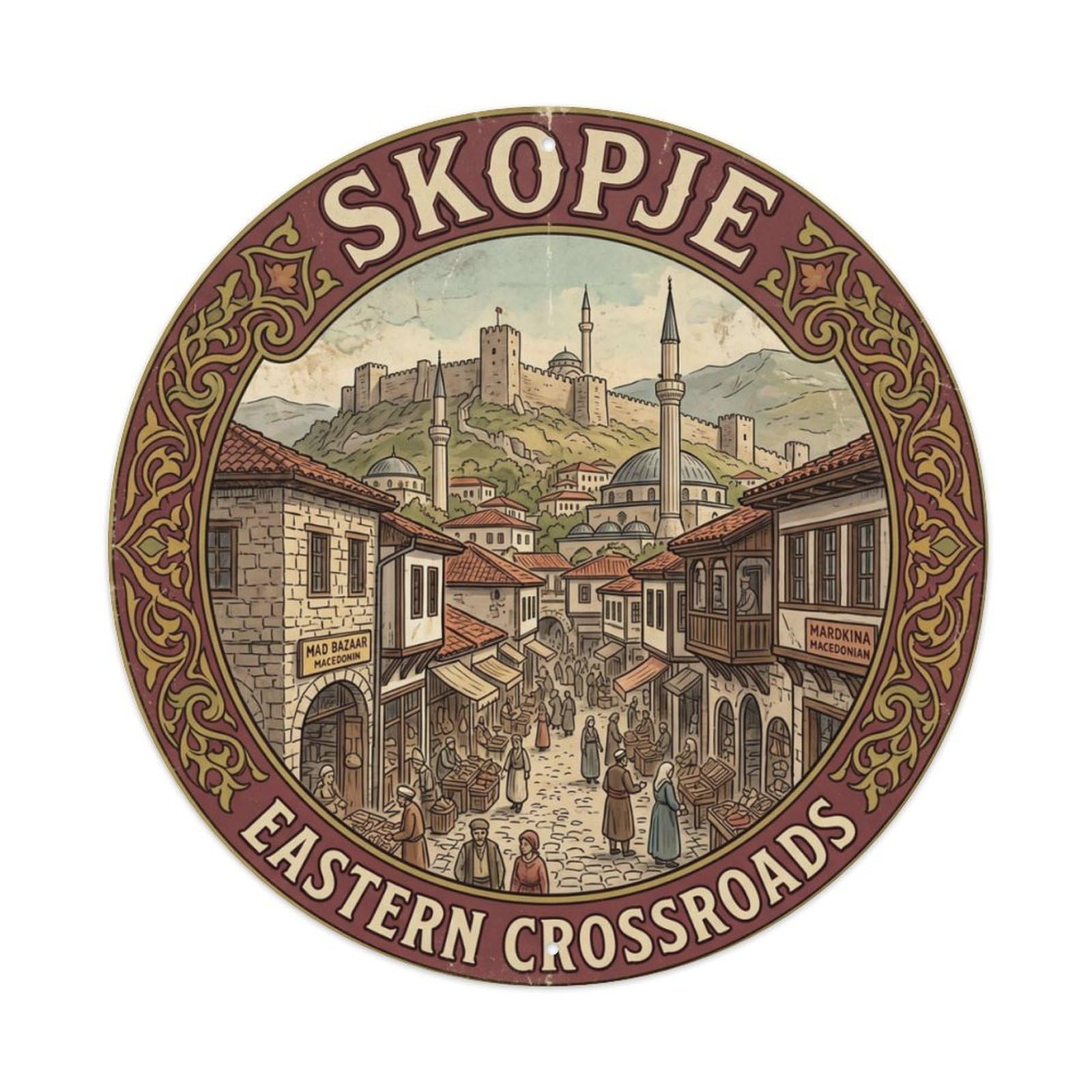 Vintage Travel Bazaar Skopje Macedonia Metal Tin Sign Plaque Wall Decor for Cafe, Club Bar, Office, Home Garden Round Metal Poster 8x8Inch